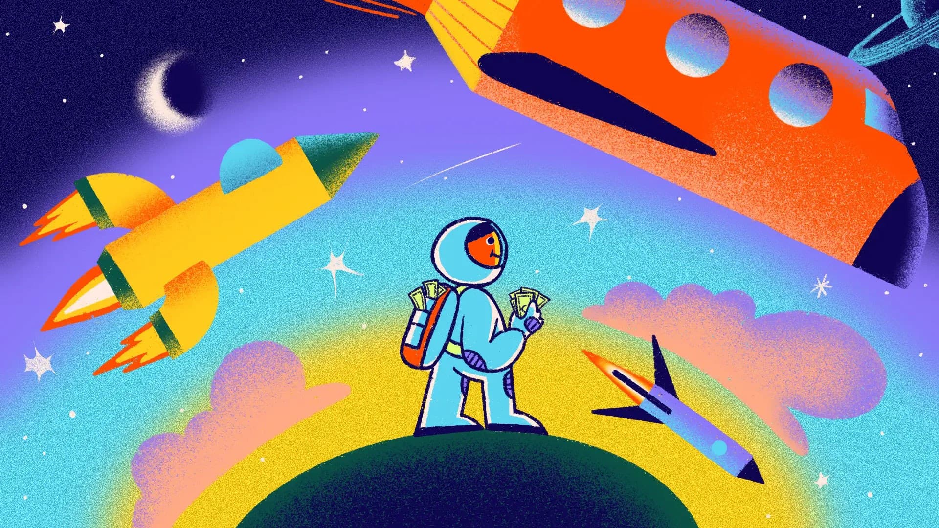 A colorful illustration of a person in a spacesuit standing on a small planet, holding a map. Three rockets in red, yellow, and blue are flying in different directions through a vibrant starry sky. The scene is whimsical and imaginative.