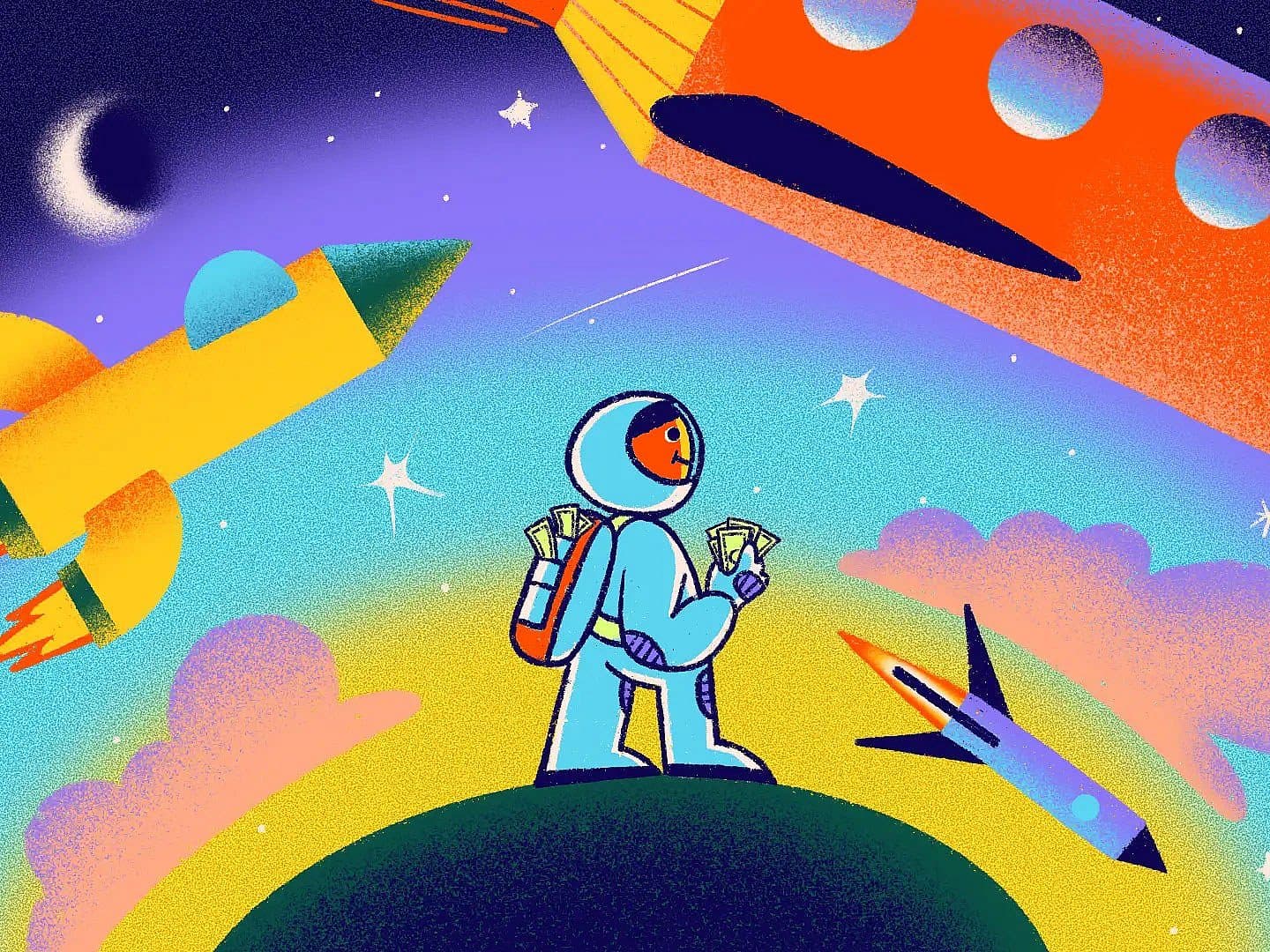 A cartoon astronaut stands on a small hill, holding money, under a colorful starry sky. Three spaceships fly around: a yellow one on the left, an orange one on the top right, and a blue one on the bottom right. The scene is whimsical and vibrant.