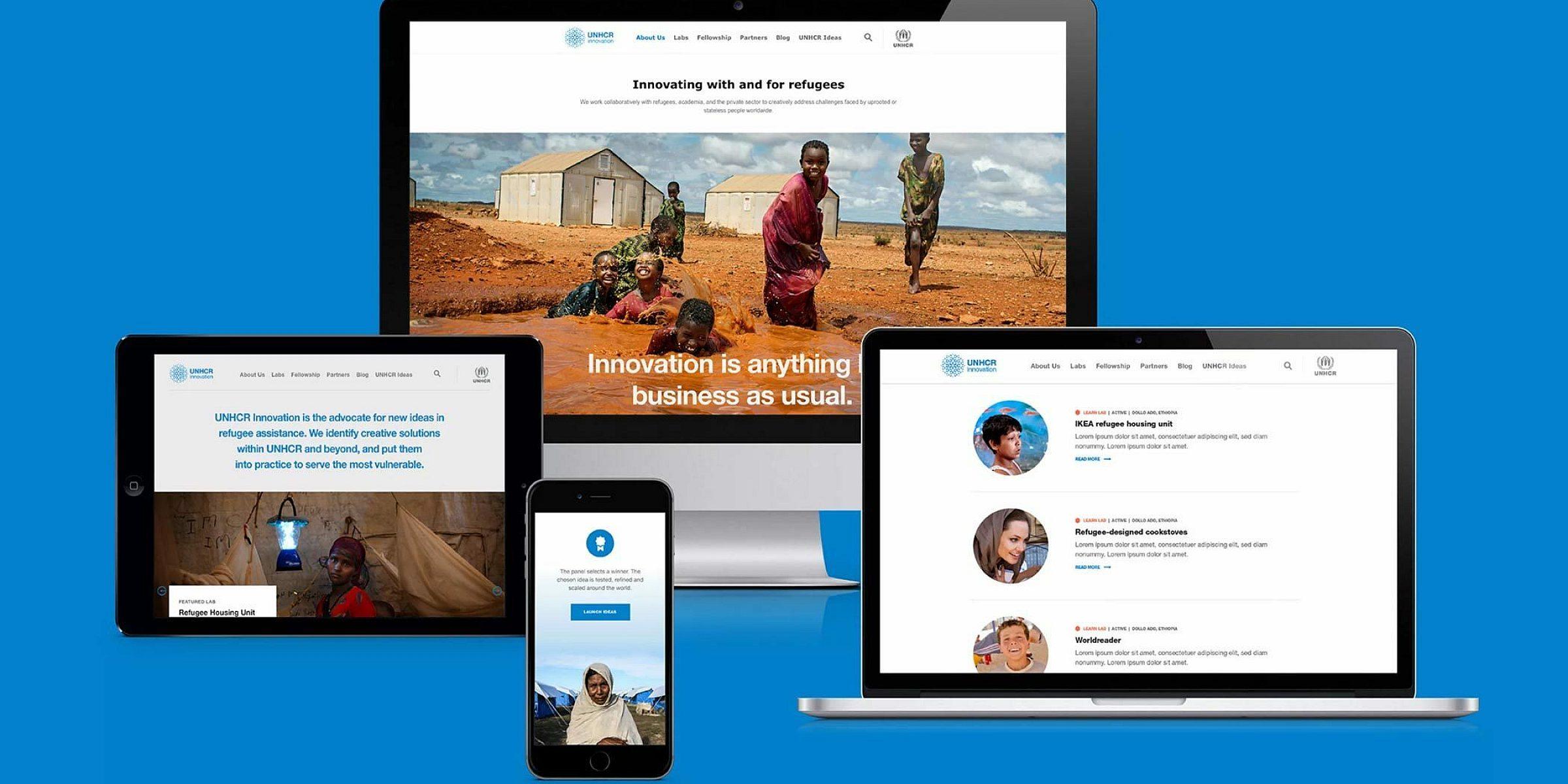 A blue background displays five devices: a smartphone, two tablets, and two laptops, all showcasing a website dedicated to innovation and support for refugees. The website features images of refugees, text, and various sections about UNHCR’s efforts and initiatives.