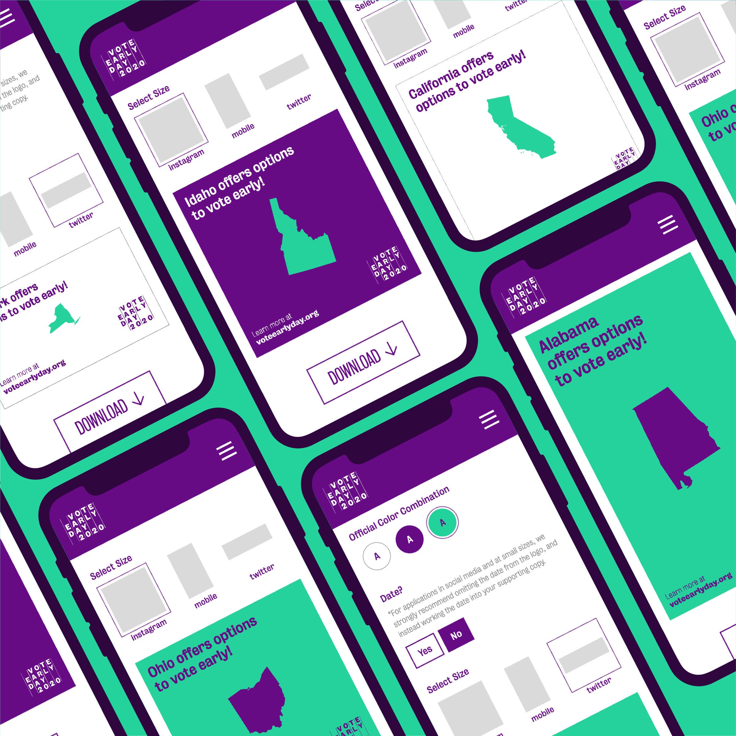 Image shows multiple smartphone screens with a voting information app open. The app features different U.S. states (California, Idaho, Ohio, Alabama) in green and text highlighting early voting options. Each screen has a button labeled "DOWNLOAD.