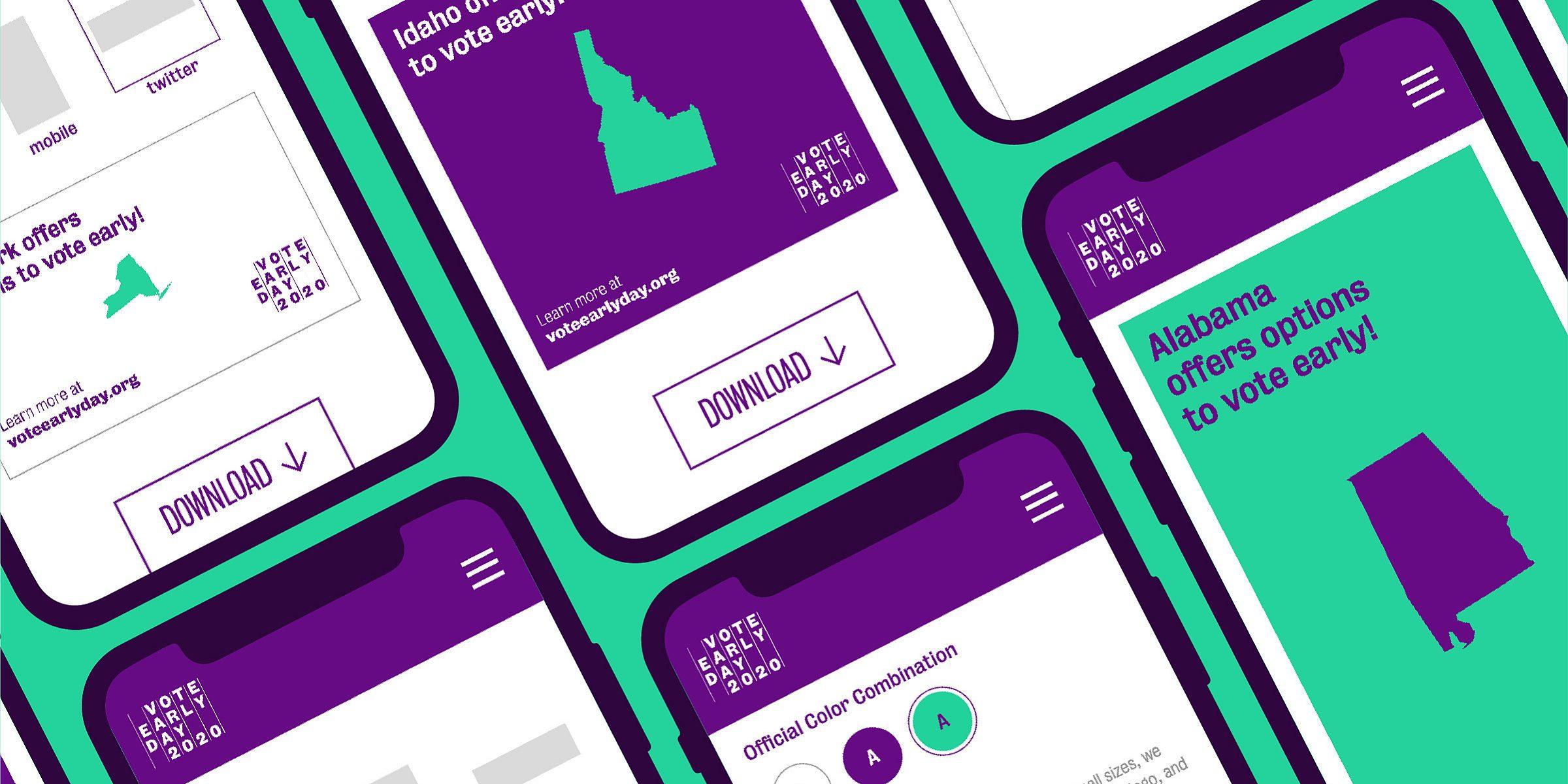 Image shows multiple smartphone screens with a voting information app open. The app features different U.S. states (California, Idaho, Ohio, Alabama) in green and text highlighting early voting options. Each screen has a button labeled "DOWNLOAD.