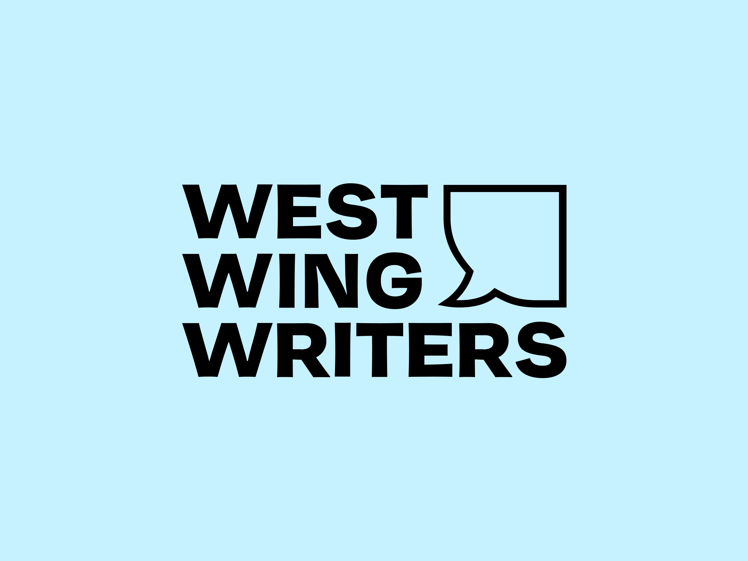 The image displays the emblem of "West Wing Writers" against a light blue background. The text "West Wing Writers" is in bold, black, uppercase letters, with a speech bubble icon on the right side of the words "West Wing.