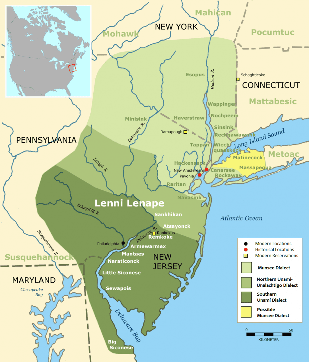 Map showing the historic and modern locations of the Lenni Lenape people and their dialects in the northeastern United States. The area includes parts of New York, New Jersey, Pennsylvania, Delaware, Maryland, and Connecticut. A key indicates specific dialect regions and reservation locations.