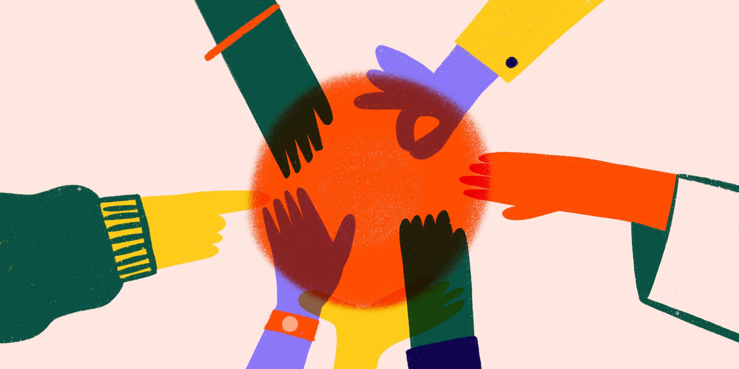 Illustration of six hands of different colors and wearing various clothes reaching towards each other, forming a circle. The hands converge around a bright red-orange central area, symbolizing unity and teamwork. The background is light pink.
