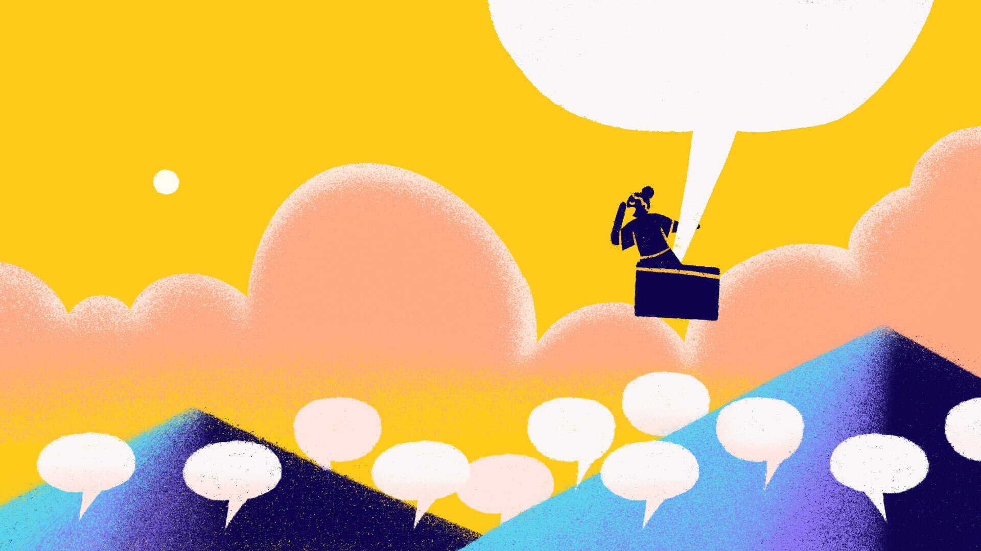 An illustration depicting a person sitting at a desk, holding a phone, and facing a large speech bubble. The background shows a bright yellow sky with abstract clouds and hills, filled with numerous smaller speech bubbles floating around.