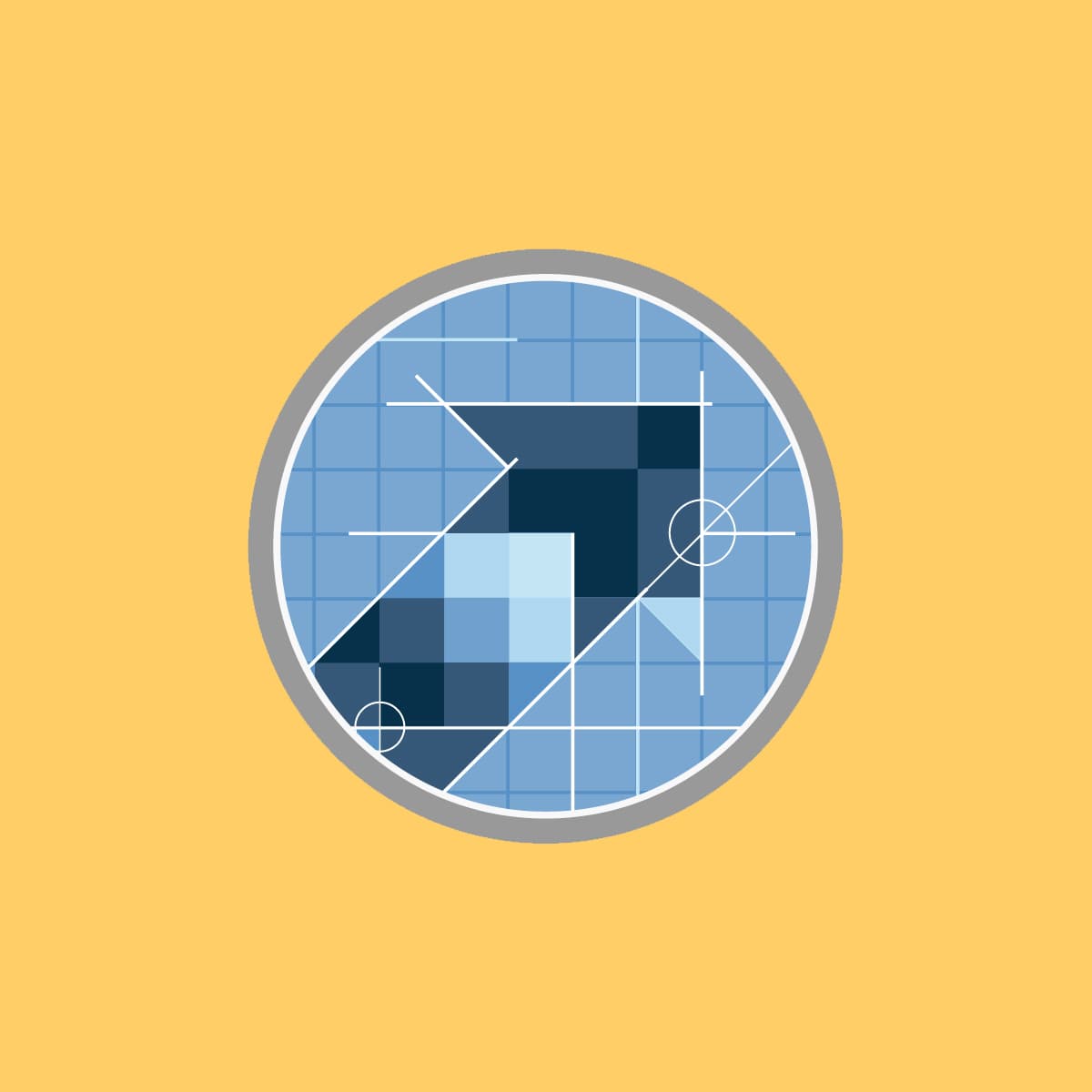 A graphic image of a radar screen in shades of blue against a yellow background. The radar screen displays geometric shapes and grid lines, with a few highlighted points and lines indicating detected objects or signals.