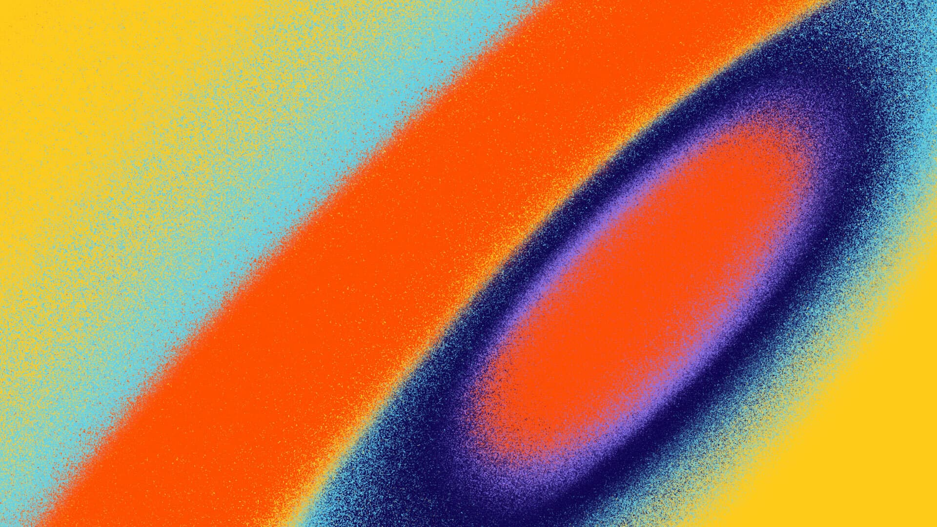 A colorful abstract digital artwork featuring an orange arc crossing a gradient background of yellow to light blue. Within the arc is a gradient oval with red at the center, transitioning to purple and blue edges. The image has a grainy texture throughout.