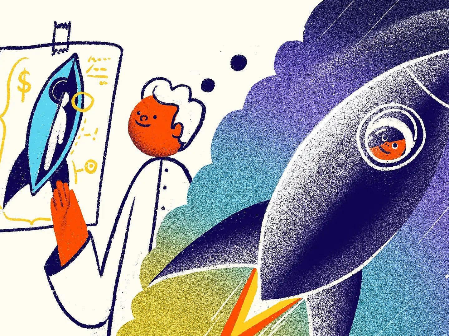 Illustration of a person in a lab coat holding a detailed drawing of a rocket while imagining or dreaming about traveling in a rocket, visualized by a large rocket with a person inside soaring through space. The background has a gradient from white to dark blue.