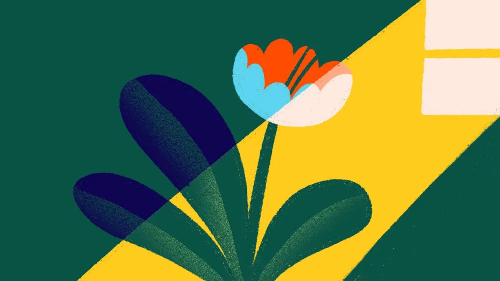 An abstract illustration of a flower with green leaves and a red, blue, and white blossom, illuminated by a yellow beam of light from a window against a dark green background.