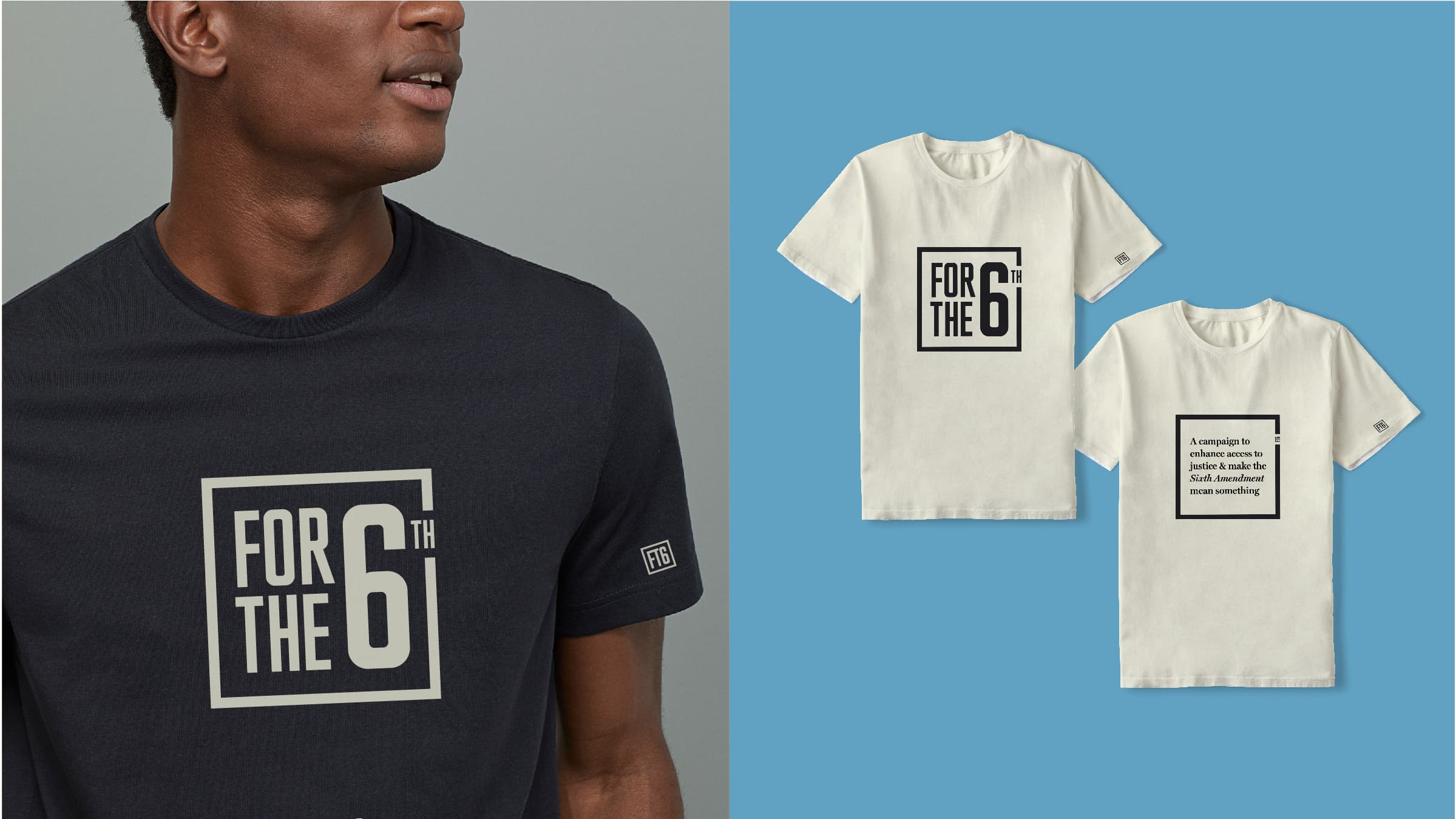 Split image: Left shows a person wearing a black T-shirt with "FOR THE 6TH" inside a square. Right shows two white T-shirts. The first displays the same text. The second has a quote in a square: "Accomplishing a strong teamwork is when someone in a team succeeds to make something.
