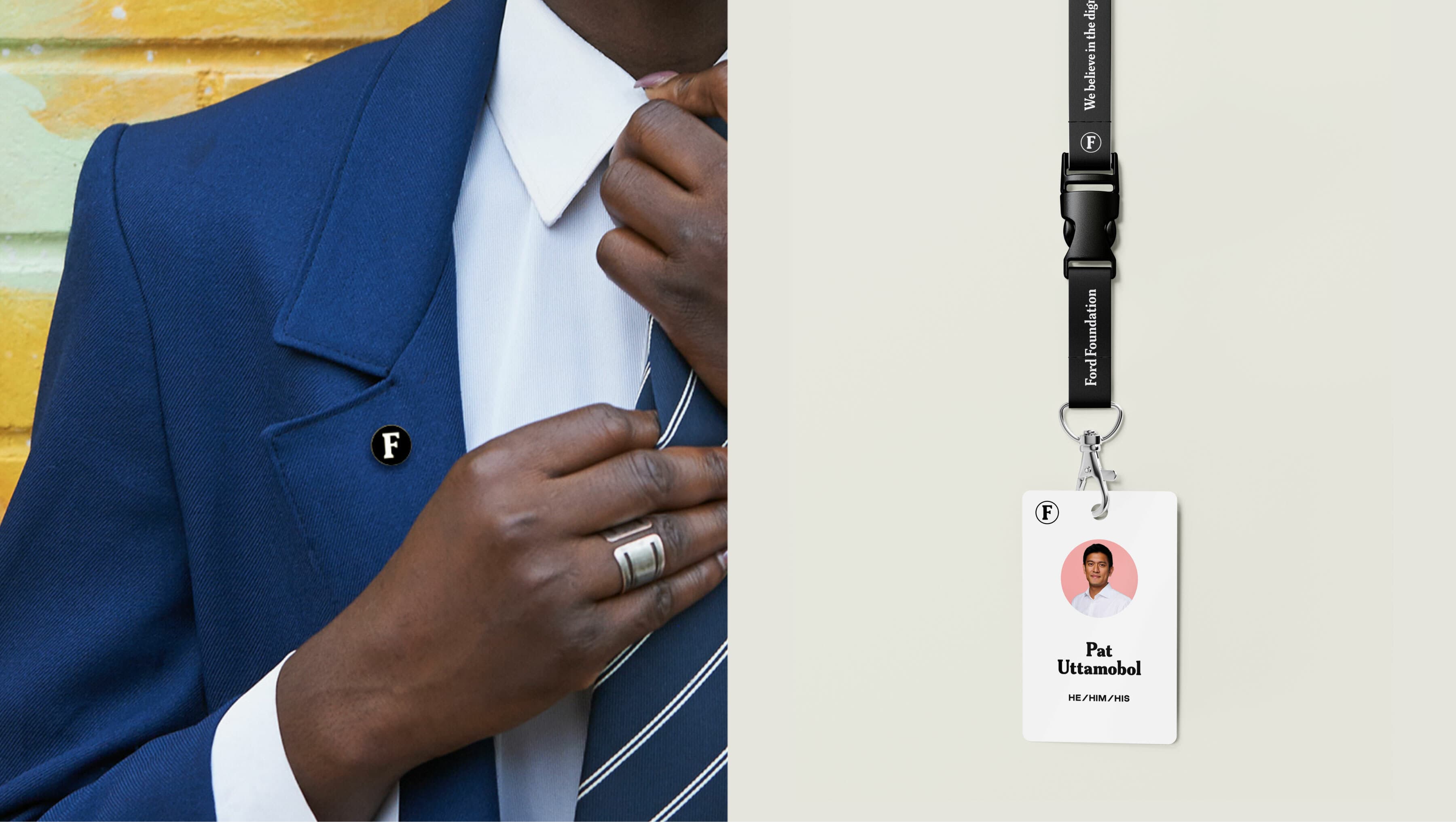 A person dressed in a blue blazer and striped tie adjusts their collar with one hand, showcasing a silver ring and an "F" badge. Next to them is an ID badge on a black lanyard with a photo and the name "Pat Uttamabol.