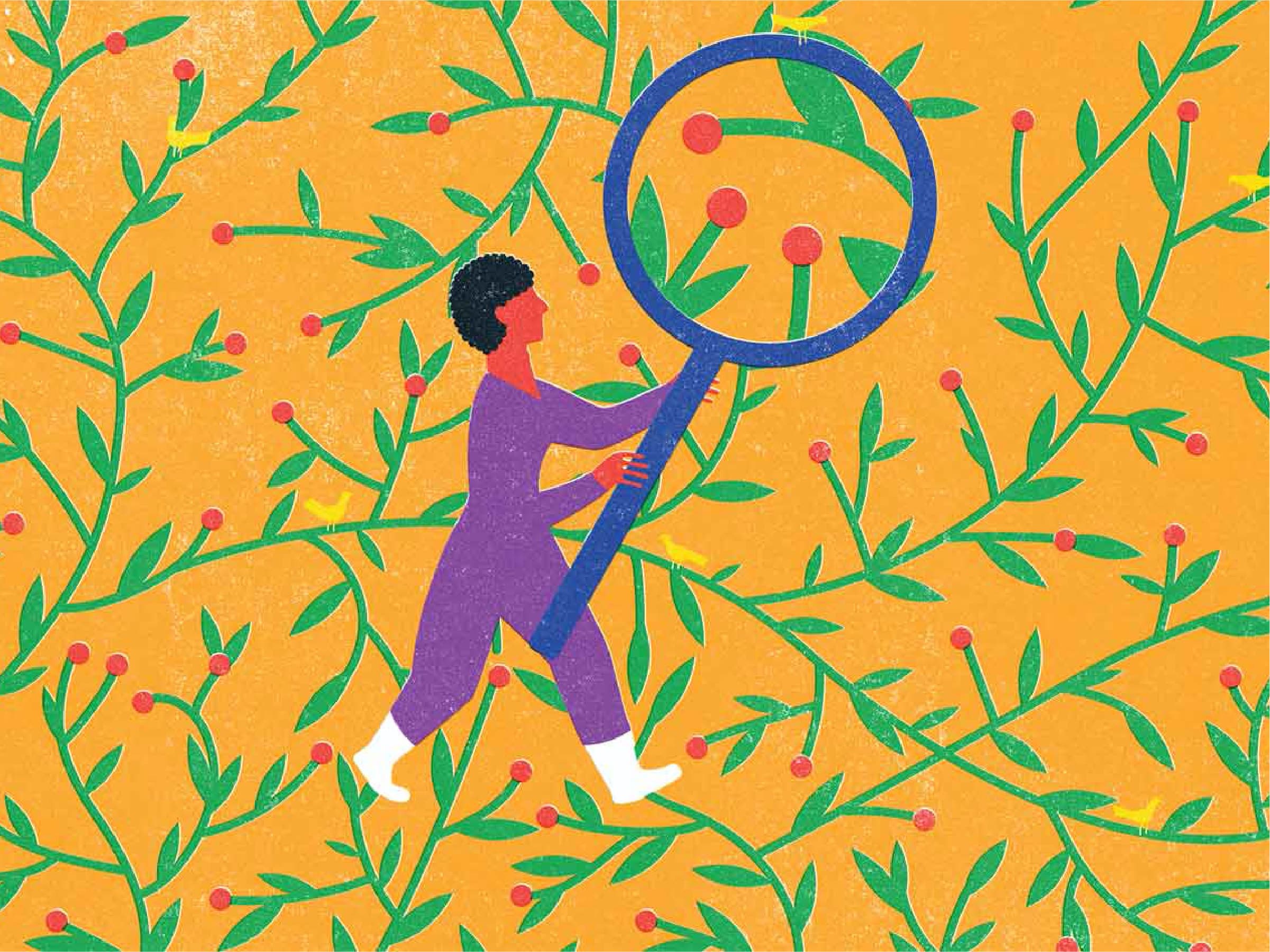 Illustration of a person in a purple outfit holding a large magnifying glass, examining a plant with green leaves and red berries on an orange background with a similar plant pattern.