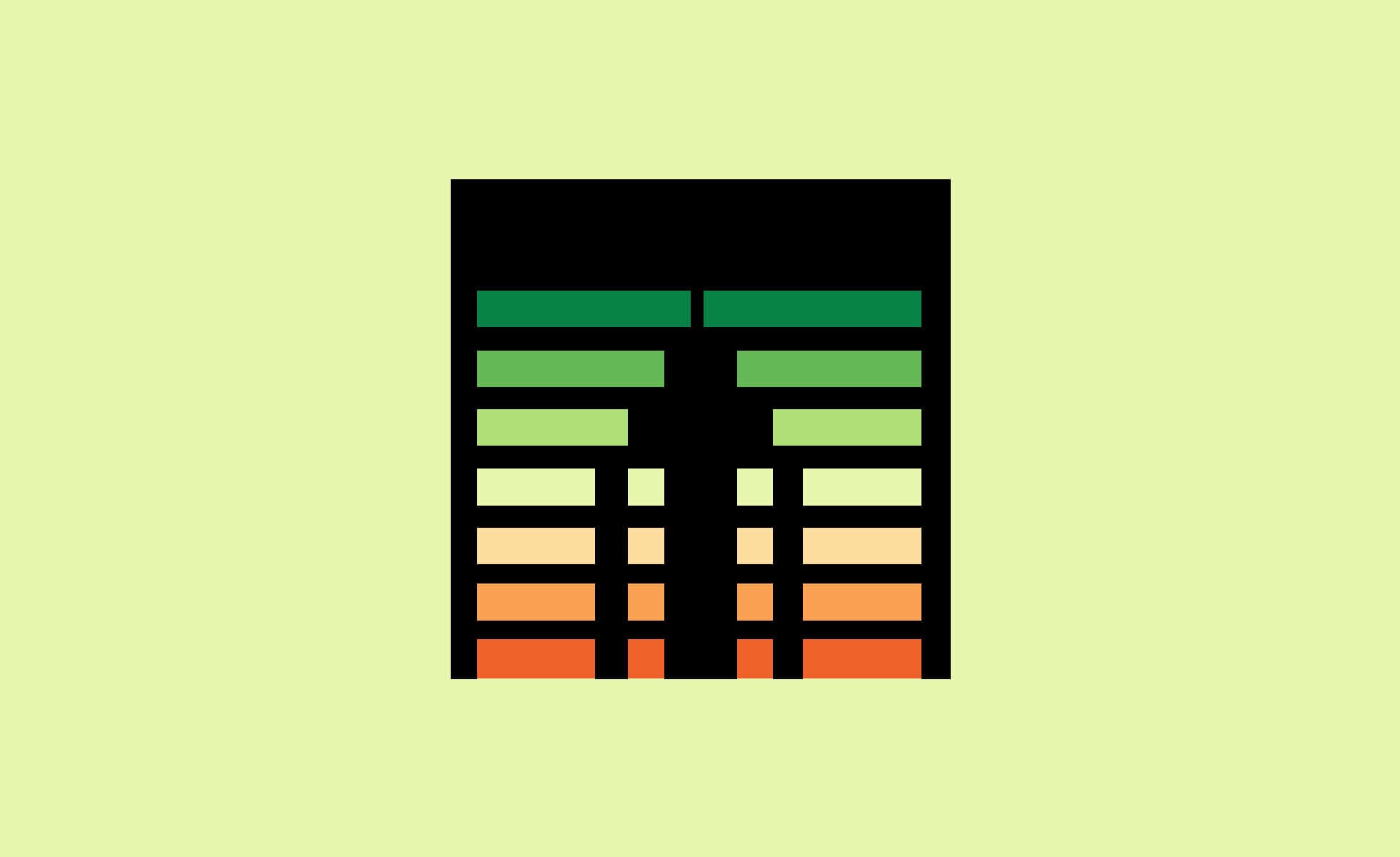 An abstract digital equalizer graphic with rectangular bars in various colors, including green at the top, transitioning through yellow and orange, and ending with red at the bottom. The background is light yellow.
