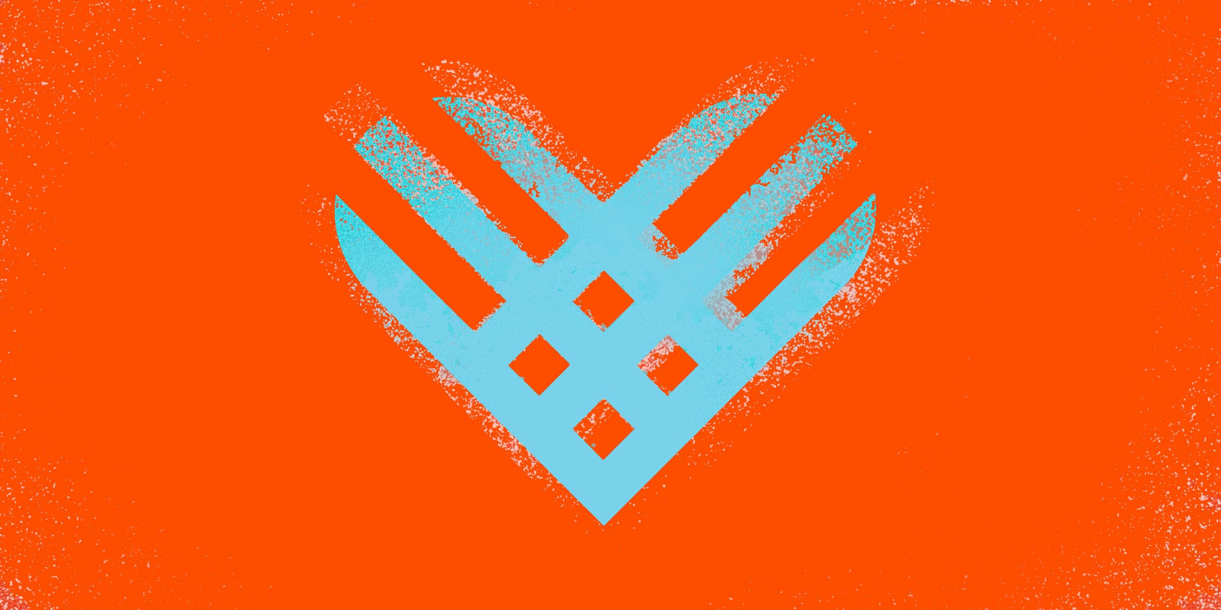 A stylized blue heart symbol with a geometric, grid-like design against an orange background. The heart is comprised of thick lines and angled shapes that create a modern, abstract appearance.