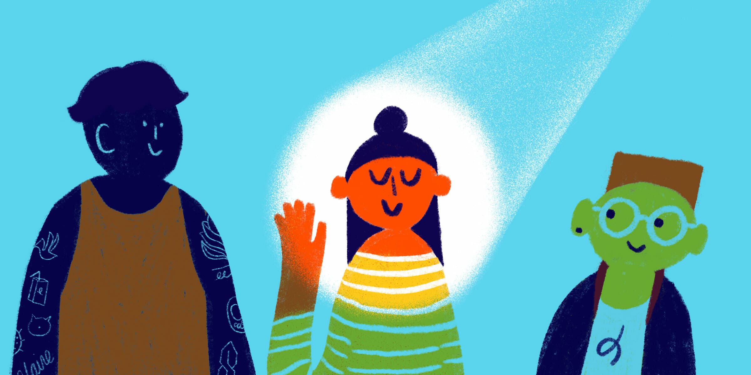 An illustration of three diverse individuals against a blue background. The center figure, illuminated by a spotlight, has a bun hairstyle and waves with eyes closed, wearing a yellow and white striped shirt. The other two figures stand on either side, smiling.