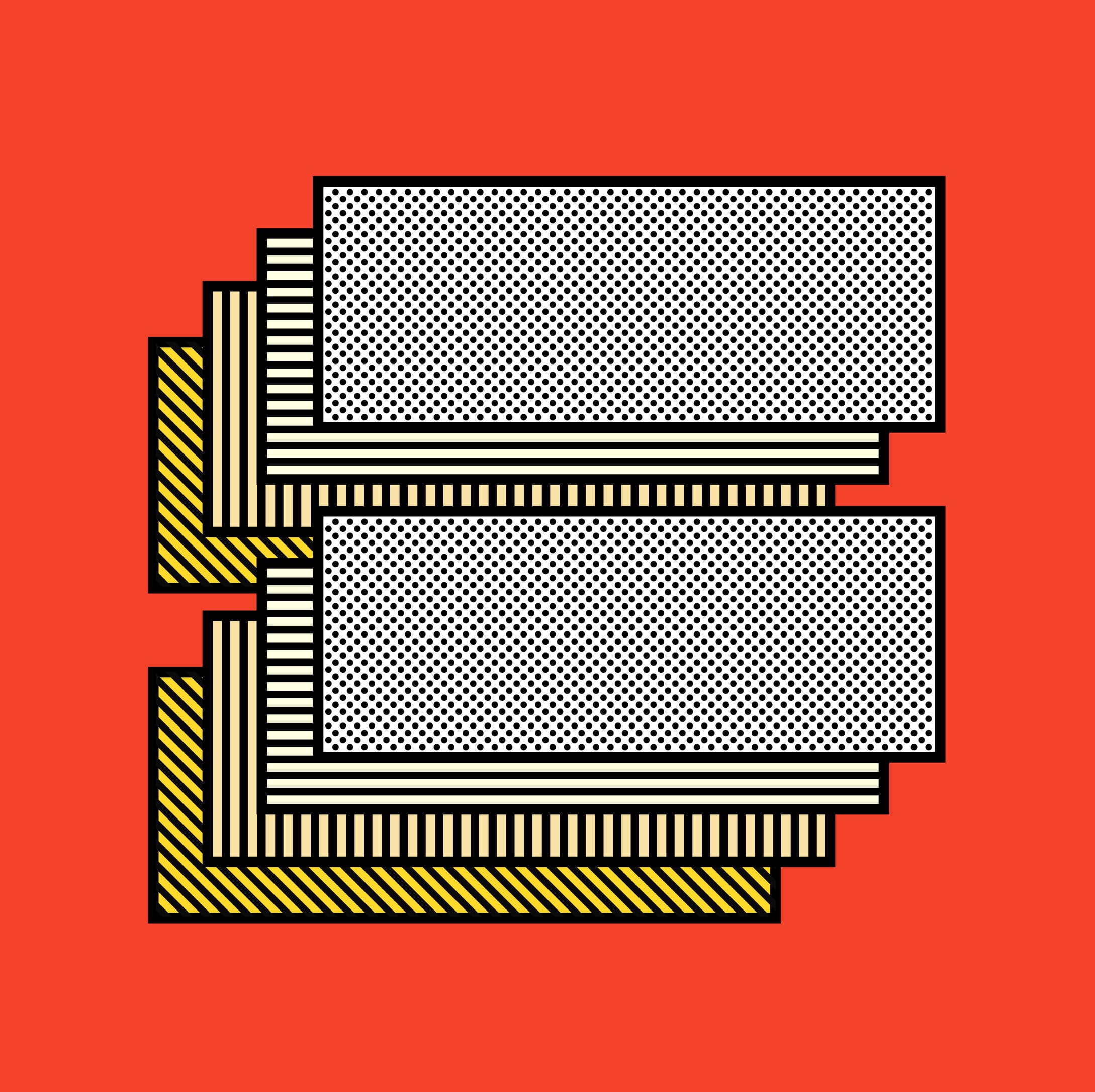 Abstract artwork featuring layered rectangles on a bright red background. The rectangles have detailed patterns, with some filled with dense dots and others with diagonal or vertical stripes. They interlock in an intricate, overlapping arrangement.