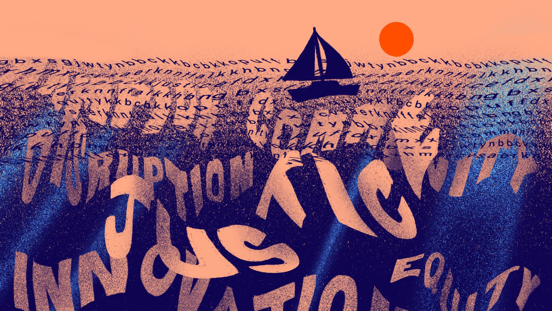 An illustration of a boat sailing on a sea made of letters and words with an orange sun setting in the background. The water appears to be composed of various text that forms words like "innovation," "justice," and "equity.