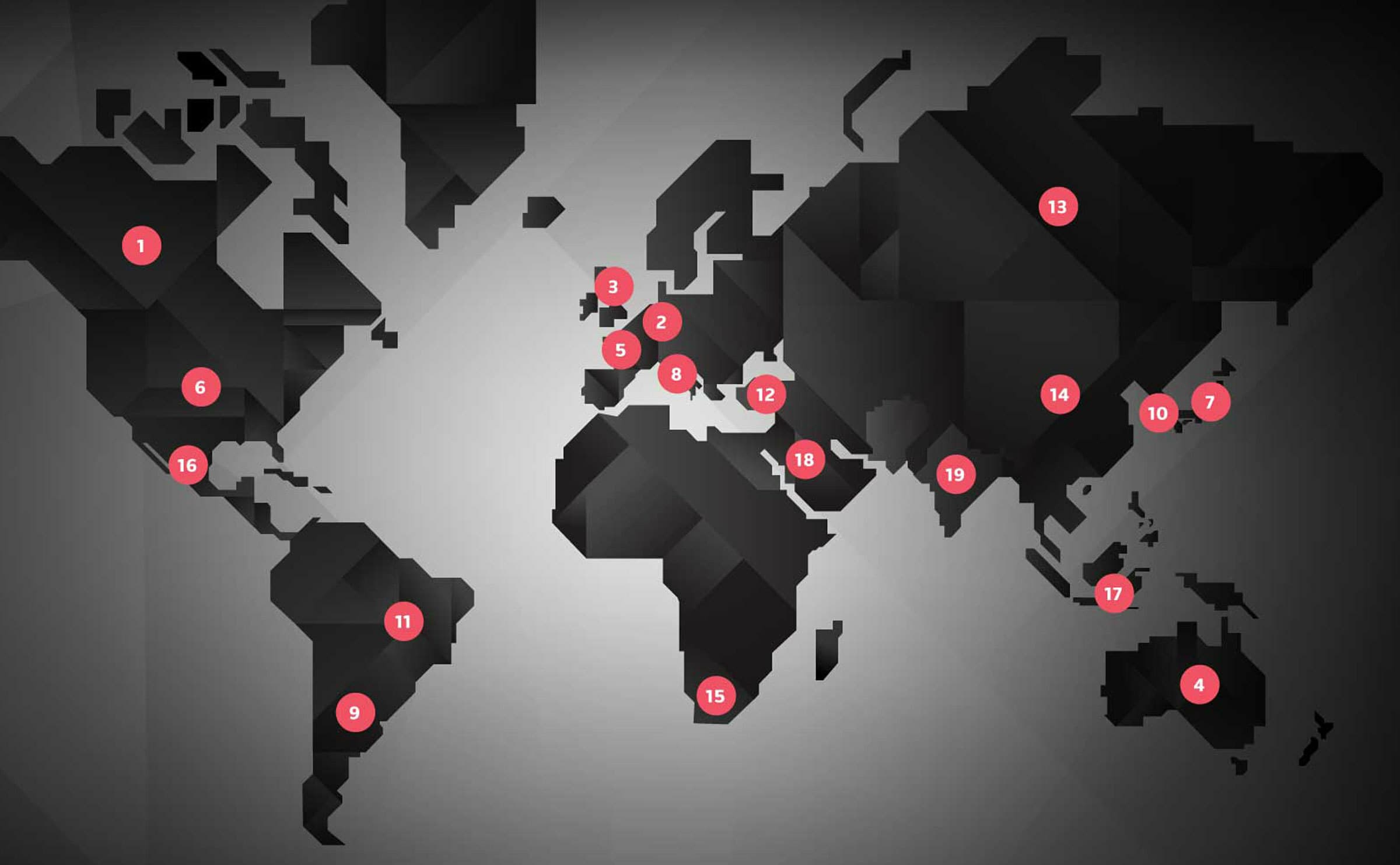 A grayscale world map with various countries identified by red numbered markers. Locations with markers include parts of North and South America, Europe, Africa, Asia, and Australia. Numbers range from 1 to 19, spread across different continents.