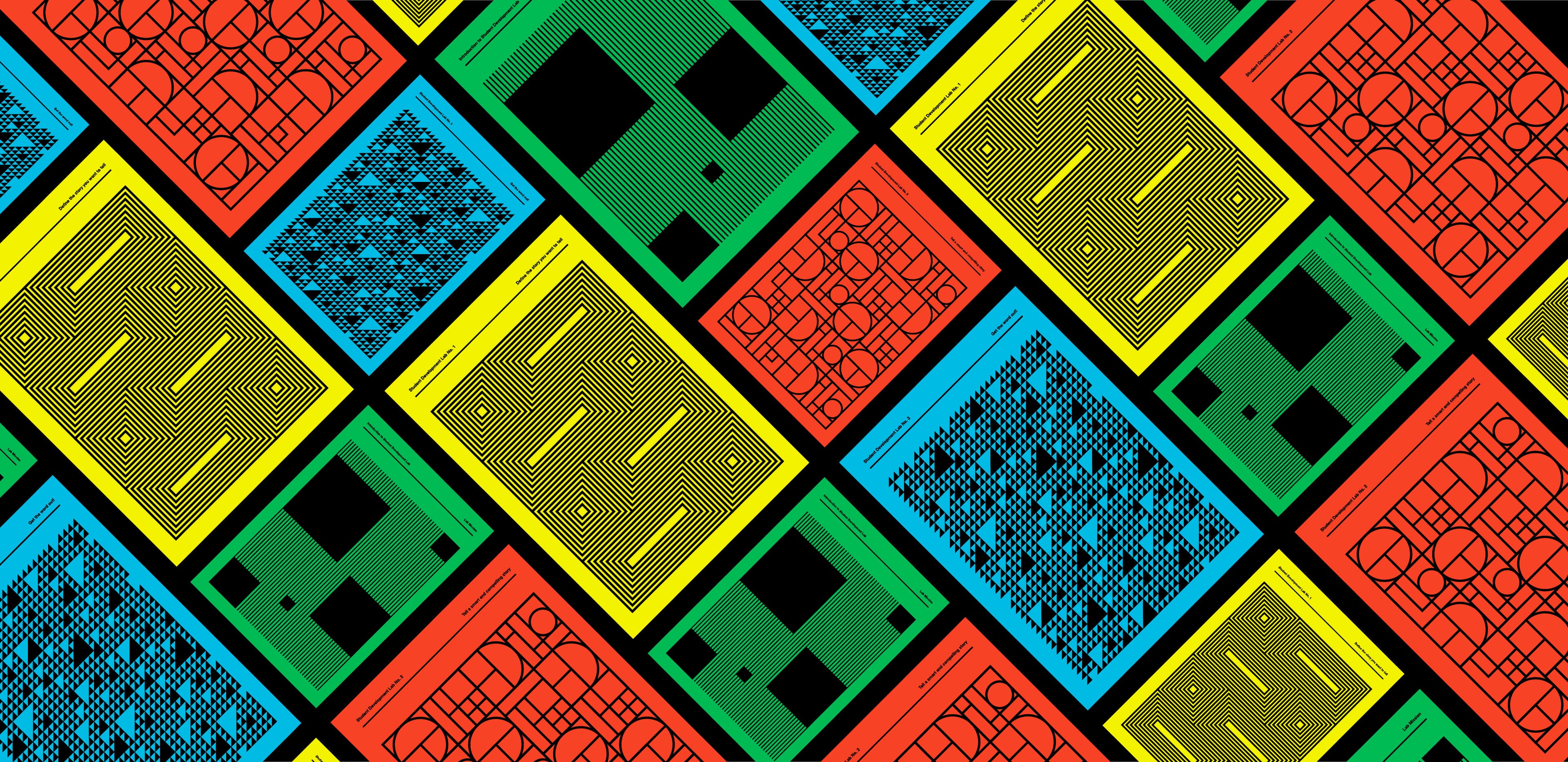 A vibrant, geometric pattern featuring an array of colorful squares and rectangles in red, yellow, blue, and green. Each shape contains unique designs such as lines, dots, and grid patterns, arranged in a diagonal checkered layout.