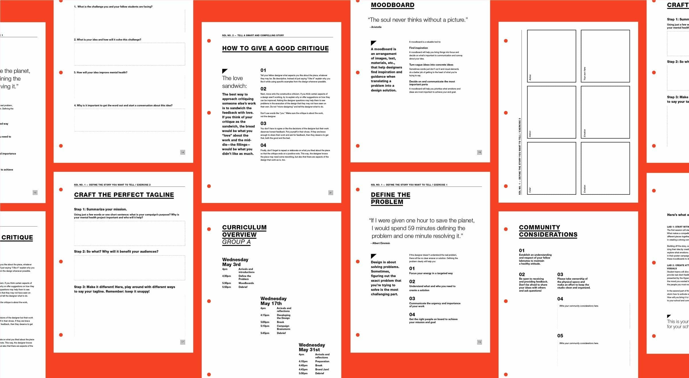 A collage of nine materials on orange background, including worksheets on crafting taglines, giving critiques, community considerations, defining problems, and moodboard creation. Each document contains text and some have sections for written input.
