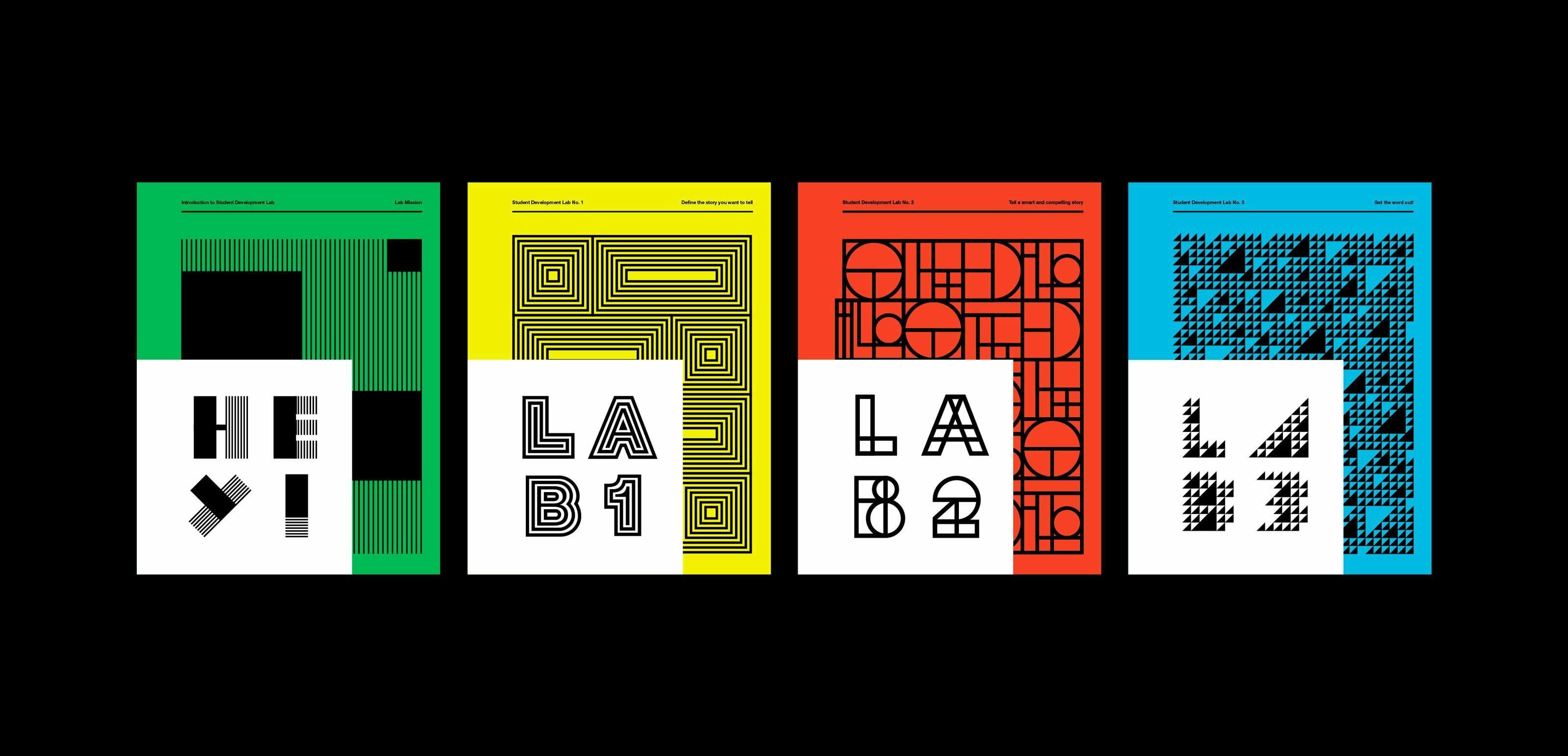 A series of five colorful graphic designs on a black background, each featuring different abstract patterns and black text. The colors are green, yellow, red, and blue, with some text panels overlaying the designs. The text includes "HEX," "LAB1," "LAB2," and "LAB3.