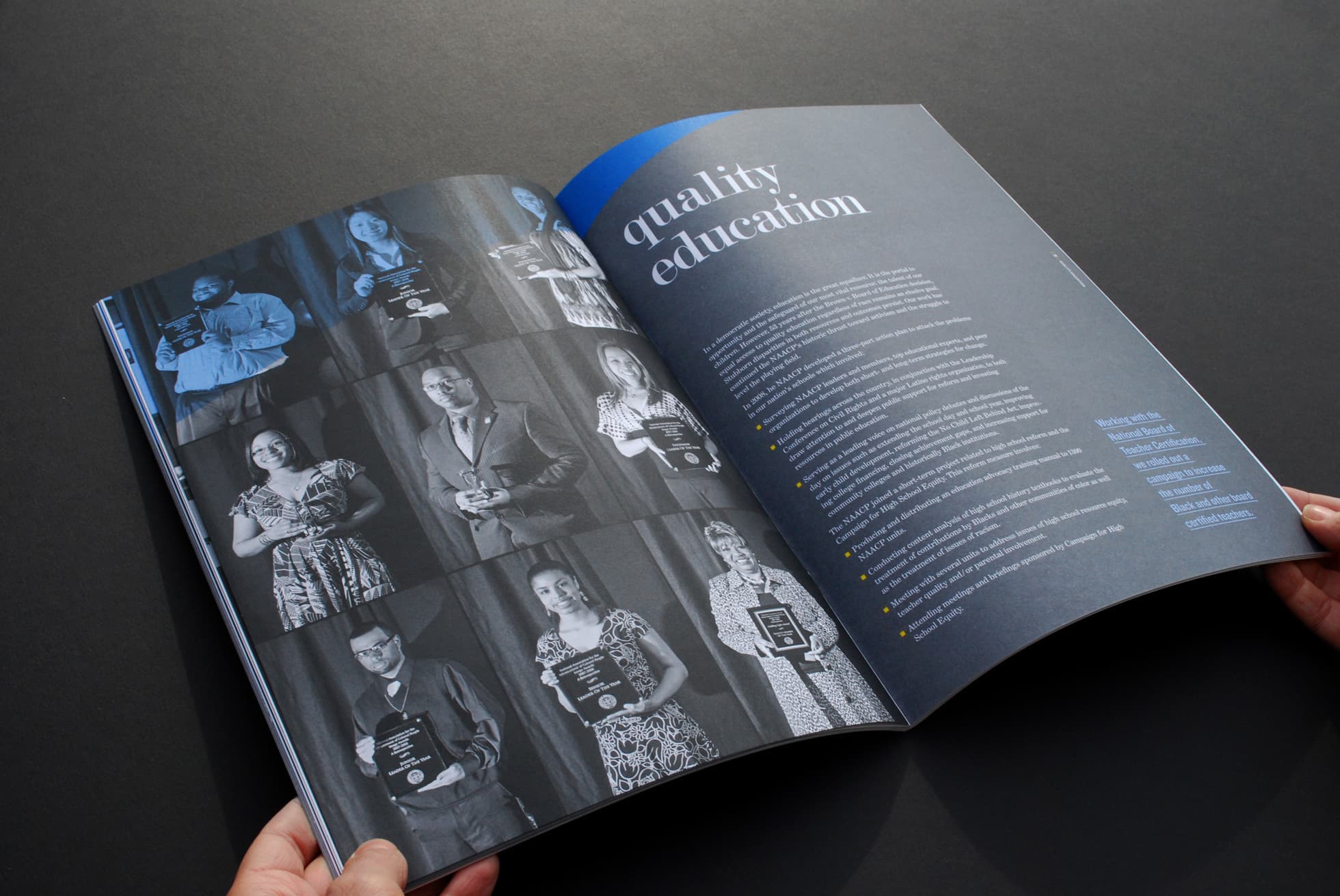 A person is holding open a magazine displaying a section titled "quality education". The left page shows black-and-white photos of people holding awards. The right page has text details under the title with a blue background.