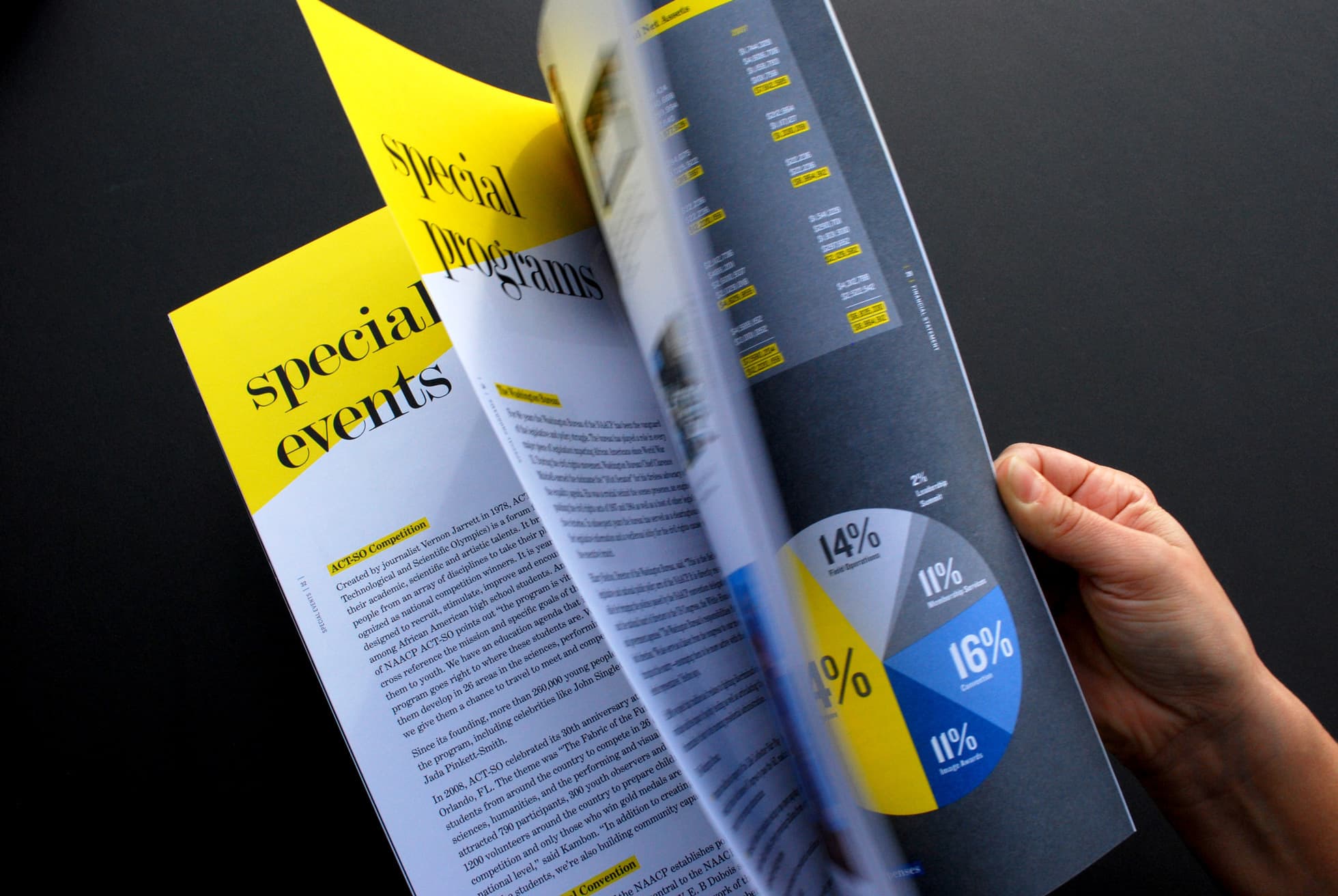 A hand flips through a magazine or booklet with pages containing text and colorful graphics, including a pie chart. The visible sections have a modern design with yellow and dark gray colors, focusing on "special programs" and "events." The background is black.