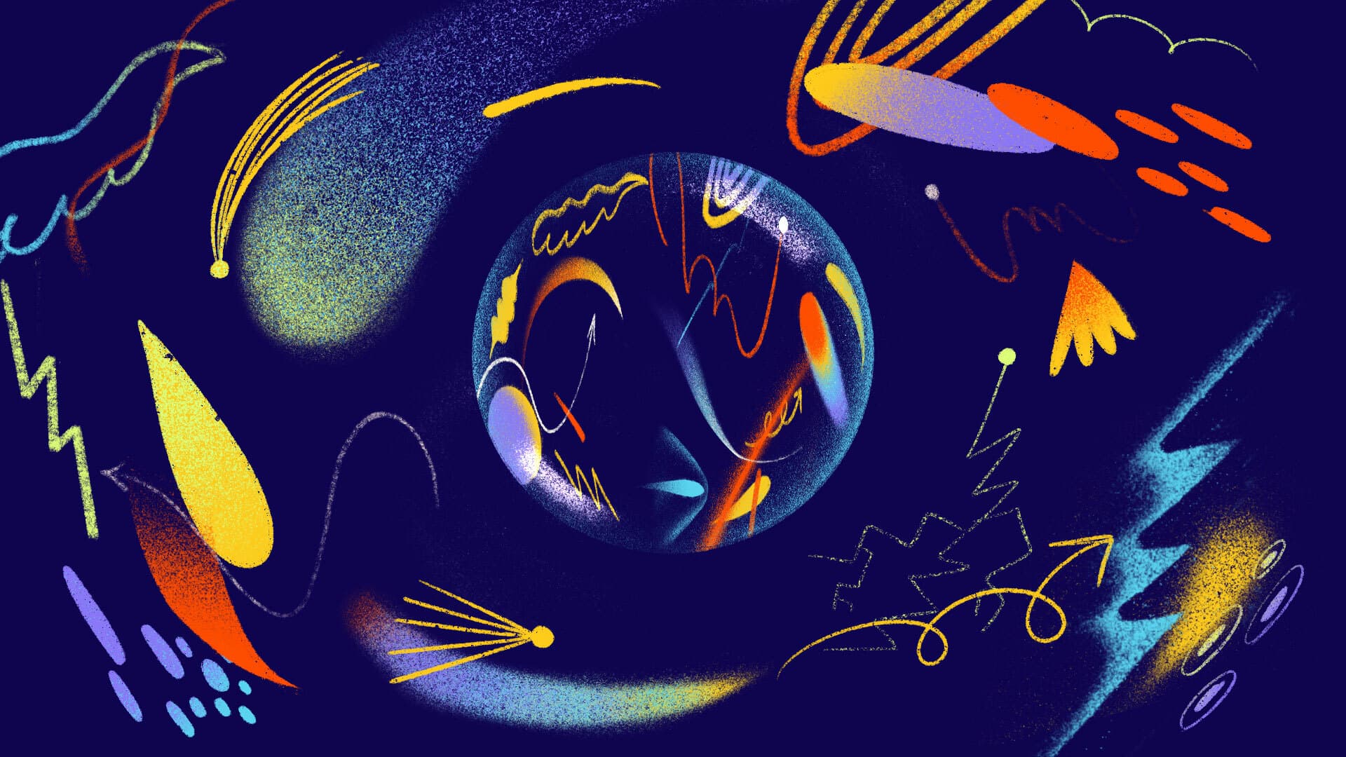 A colorful abstract composition featuring swirling patterns, streaks, and shapes in vivid shades of yellow, orange, blue, and purple against a dark blue background. The center is dominated by a glowing orb with various dynamic lines and textured elements surrounding it.