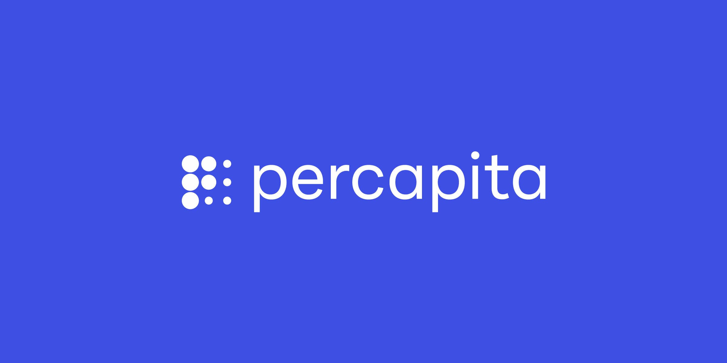 A blue background with the text "percapita" written in white. To the left of the text, there is a design consisting of nine white dots arranged in a 3x3 grid pattern.