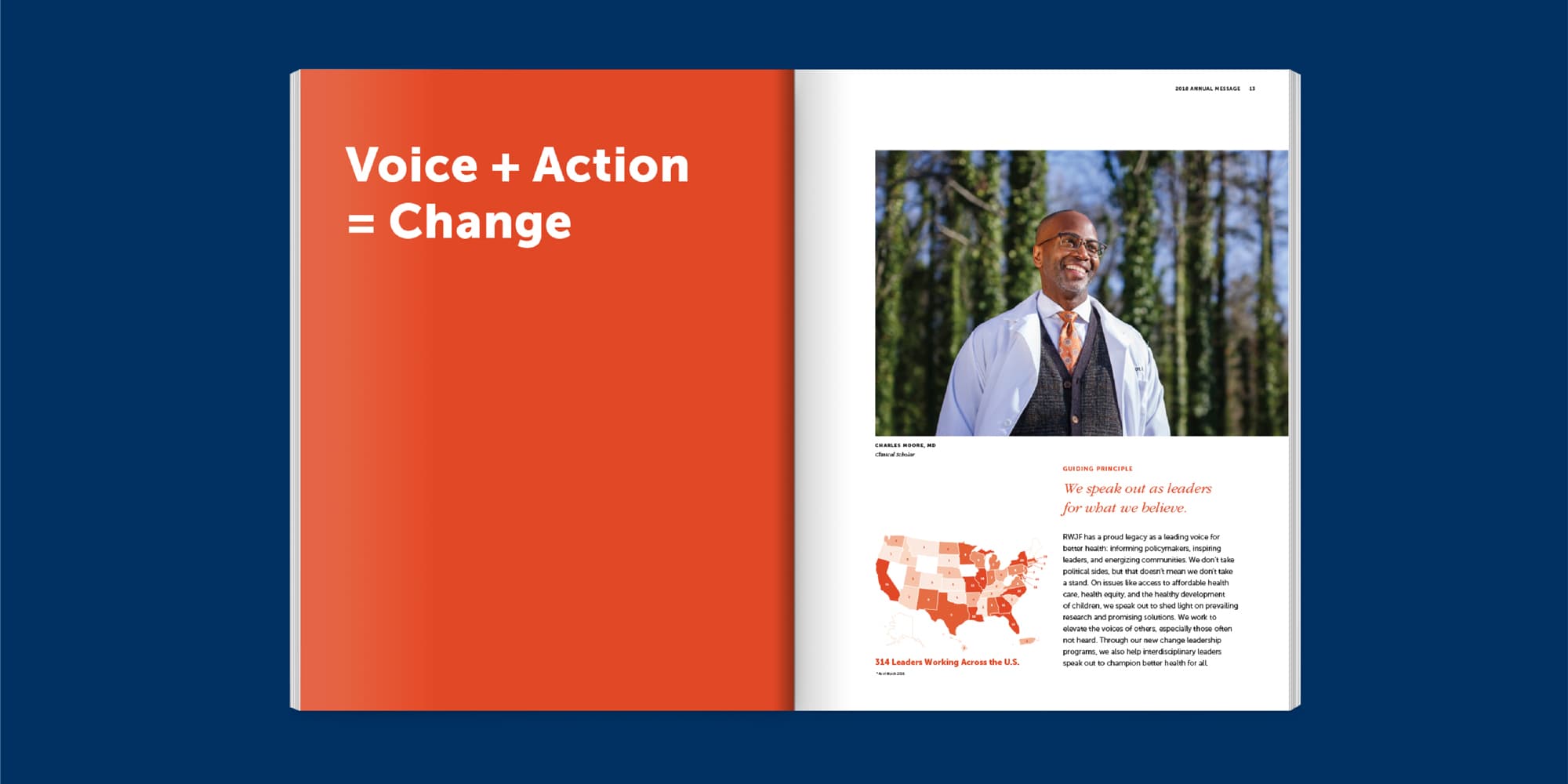 A magazine spread features text on a bright orange page reading "Voice + Action = Change". The adjacent page shows a man wearing glasses and a white coat, with an article about him and a U.S. map highlighting various locations in red.