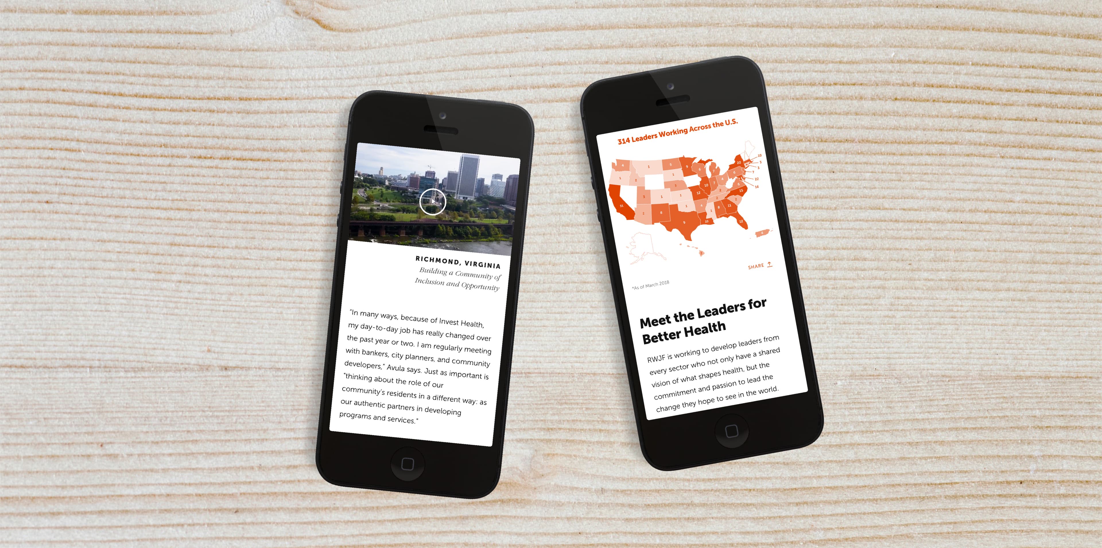Two smartphones rest on a wooden surface. The left phone displays a blog post titled "Richmond, Virginia" with an image of a city skyline, and the right phone displays a map titled "Meet the Leaders for Better Health" in orange and white.
