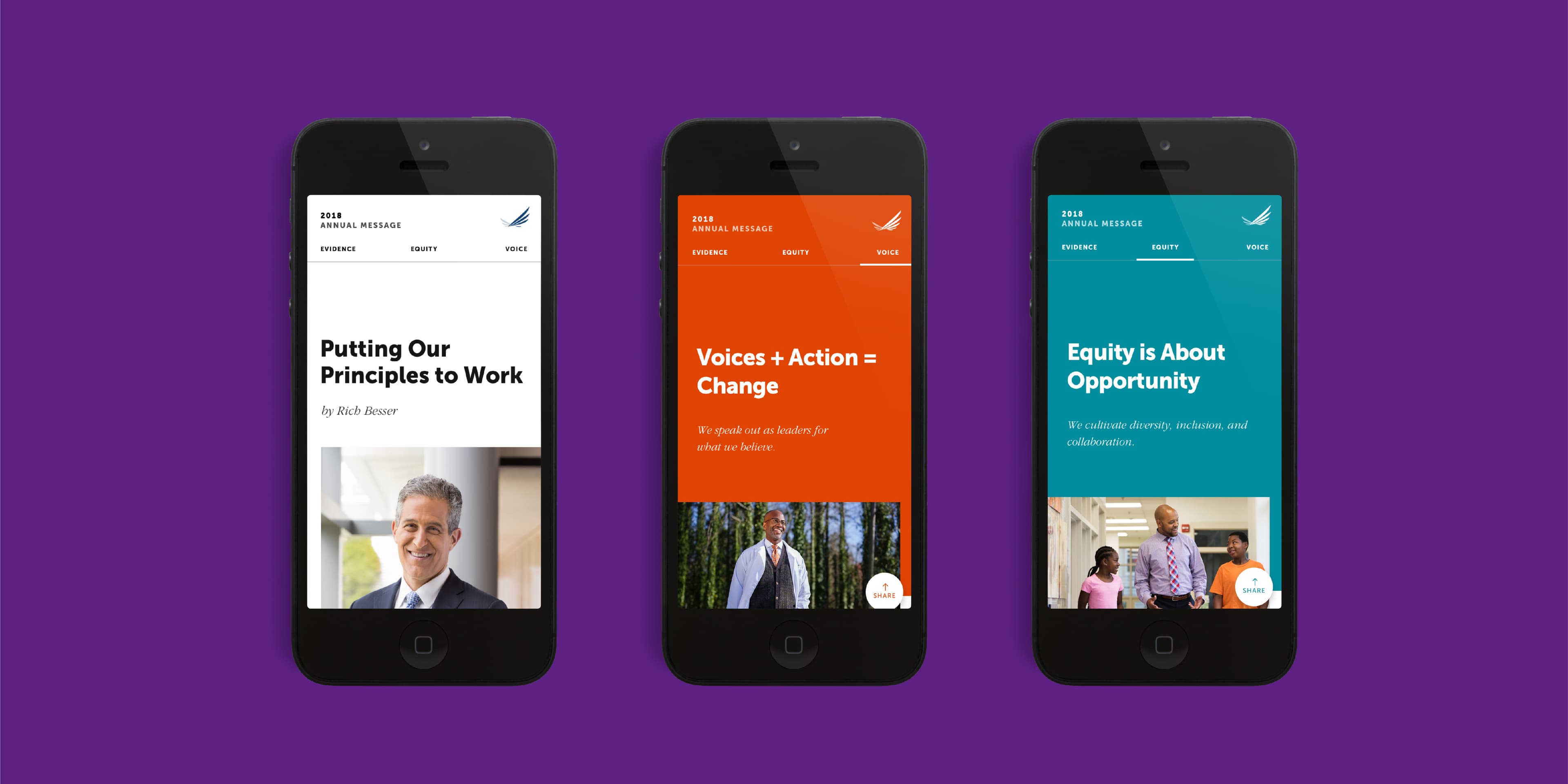 Three smartphones display a website against a purple background. The screens show titles: "Putting Our Principles to Work," "Voices + Action = Change," and "Equity is About Opportunity." Each screen features a different background color and image, with text overlays.