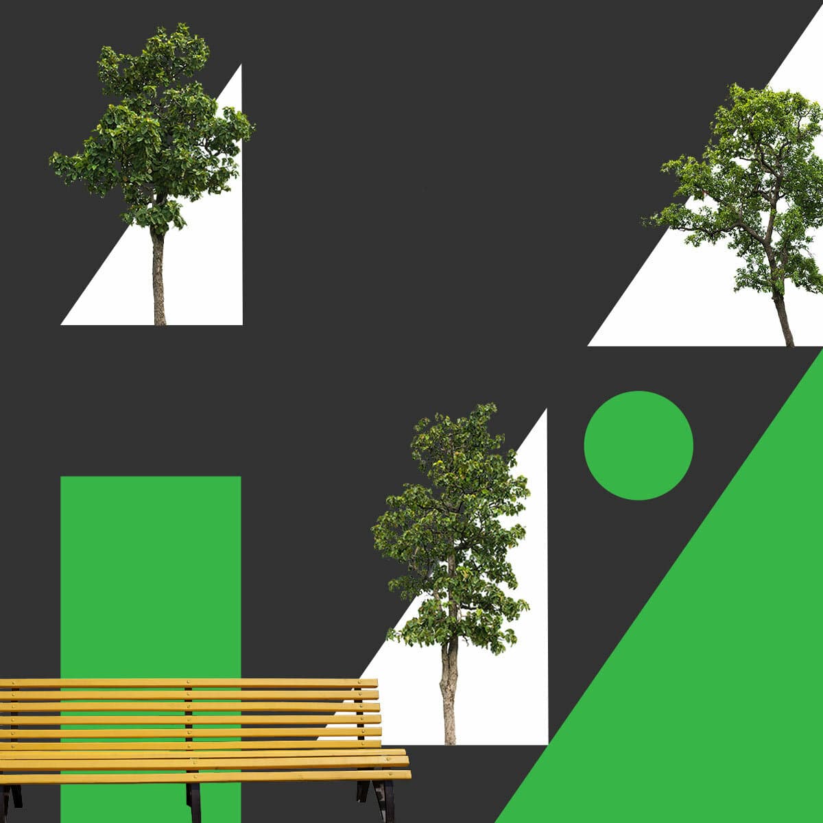 A graphic collage featuring three trees with green foliage and a yellow wooden bench against a dark gray, green, and white geometric background. The shapes include triangles, rectangles, and a circle, creating a modern, abstract composition.
