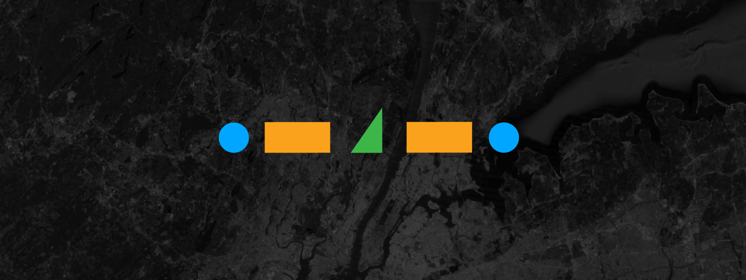 A background with a map in grayscale showing outlines of rivers and land. In the foreground, there are two blue circles on either side, with two orange rectangles placed between them. In the center, a green triangle points upward.