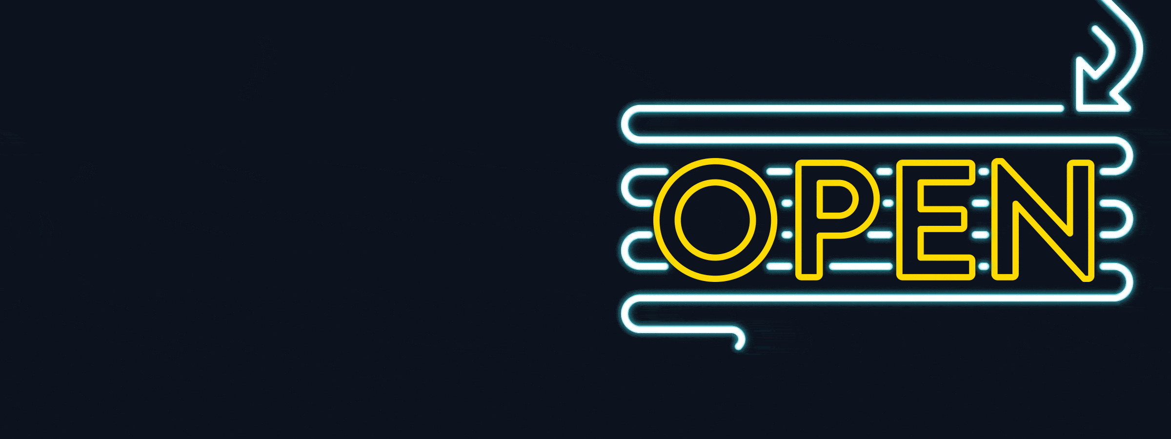 An illuminated "OPEN" sign with bright yellow letters and blue neon lines on a dark background. The neon lines create a retro style and feature an arrow pointing to the right. The overall design gives a vibrant and welcoming message.