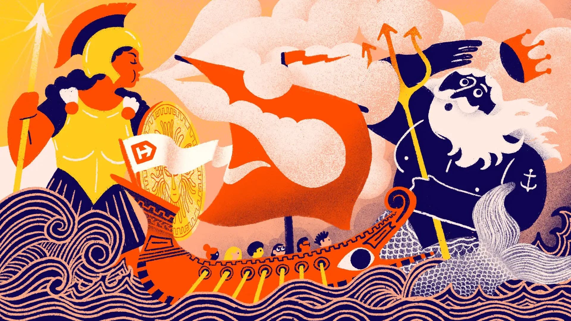 Illustration of a mythological sea battle. A warrior in yellow, holding a shield, stands on a ship with a large dragon-shaped prow. A blue, trident-wielding sea god emerges from swirling waves on the right, with a crown and lightning in the scene.