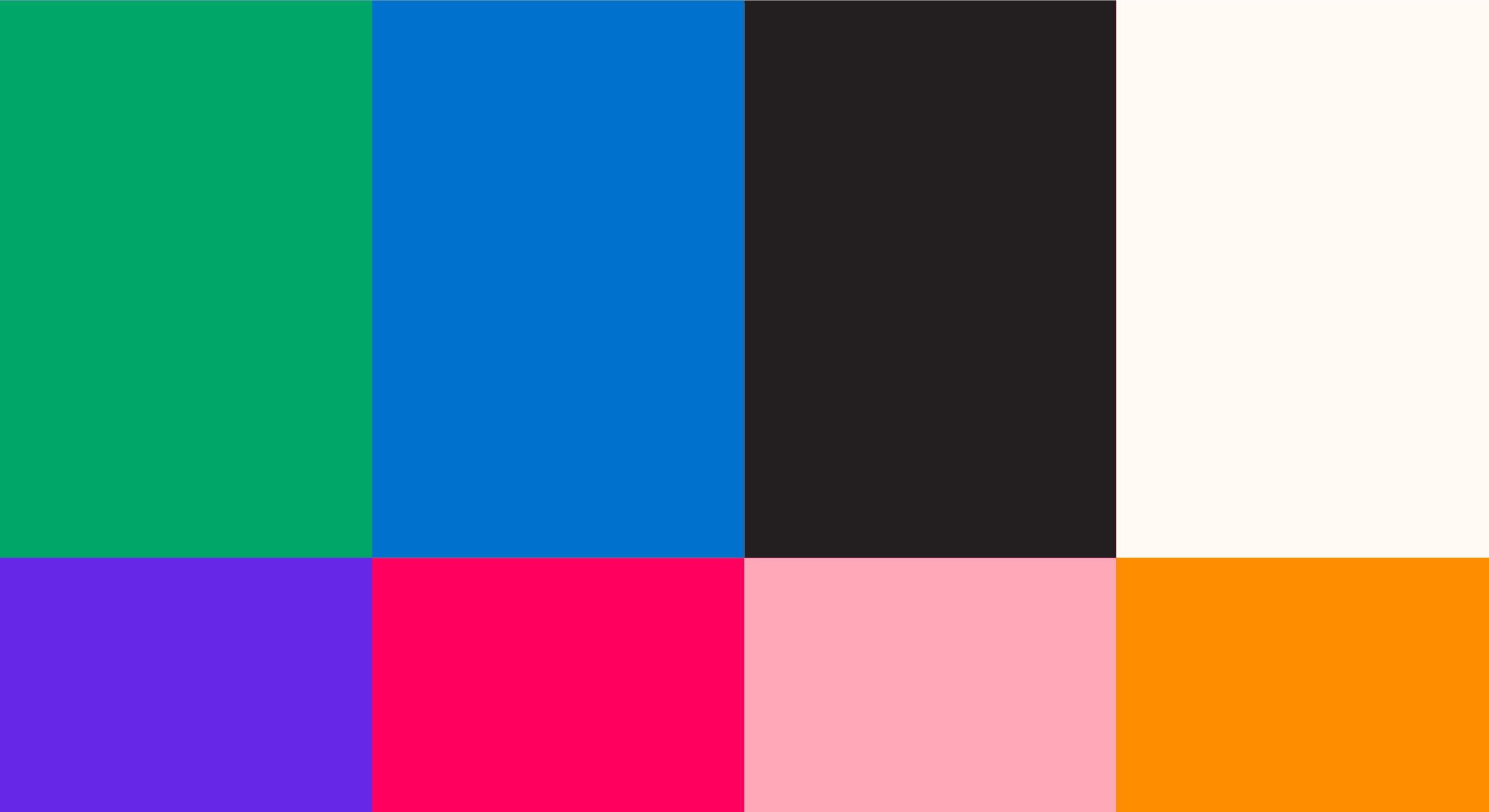An image displaying a grid with six vertical, equally sized rectangles, each a different color: green, blue, black, white, purple, magenta, pink, and orange.