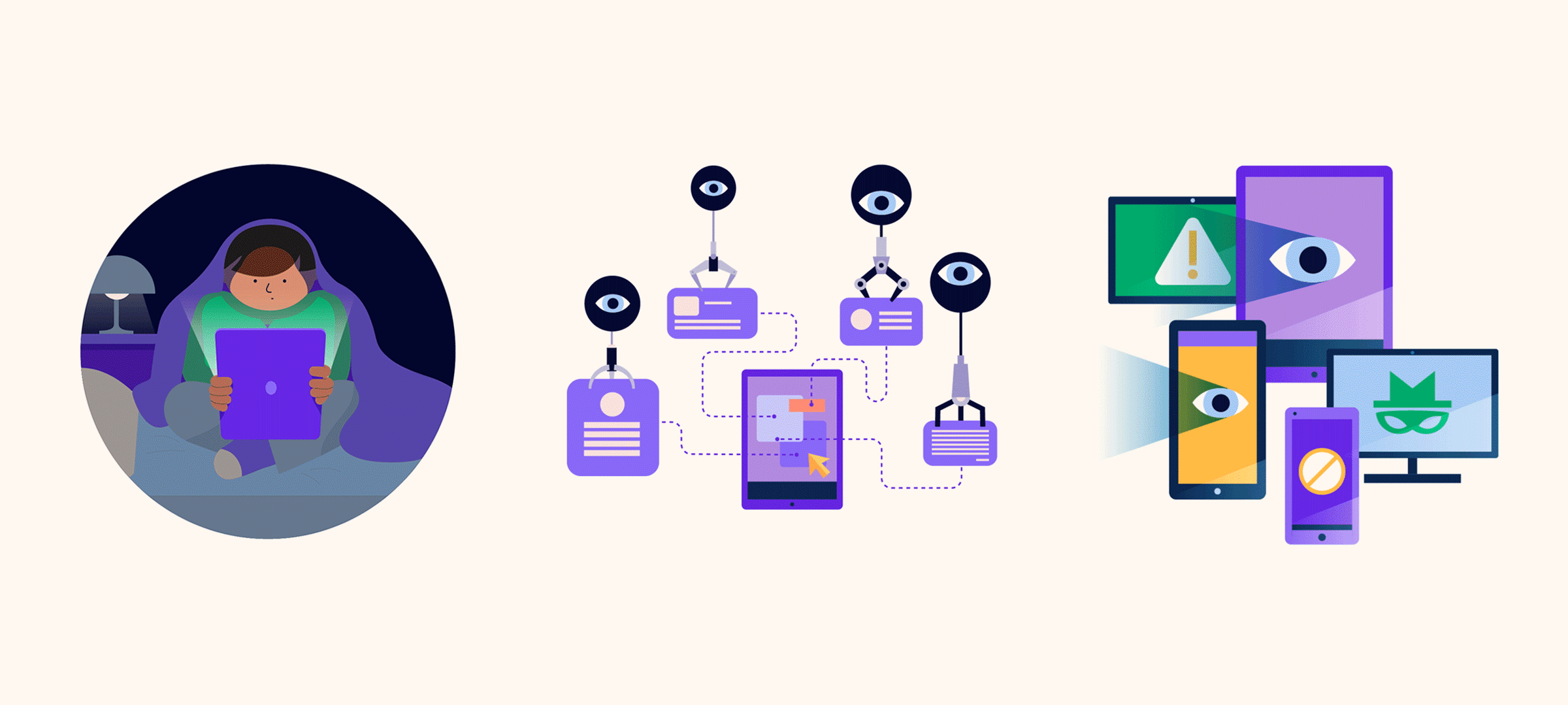 An illustration shows three scenes: a person under a blanket using a tablet at night, a network of various icons representing data connections, and multiple devices (phone, tablet, monitor) displaying security symbols like padlocks, an eye, and an incognito icon.