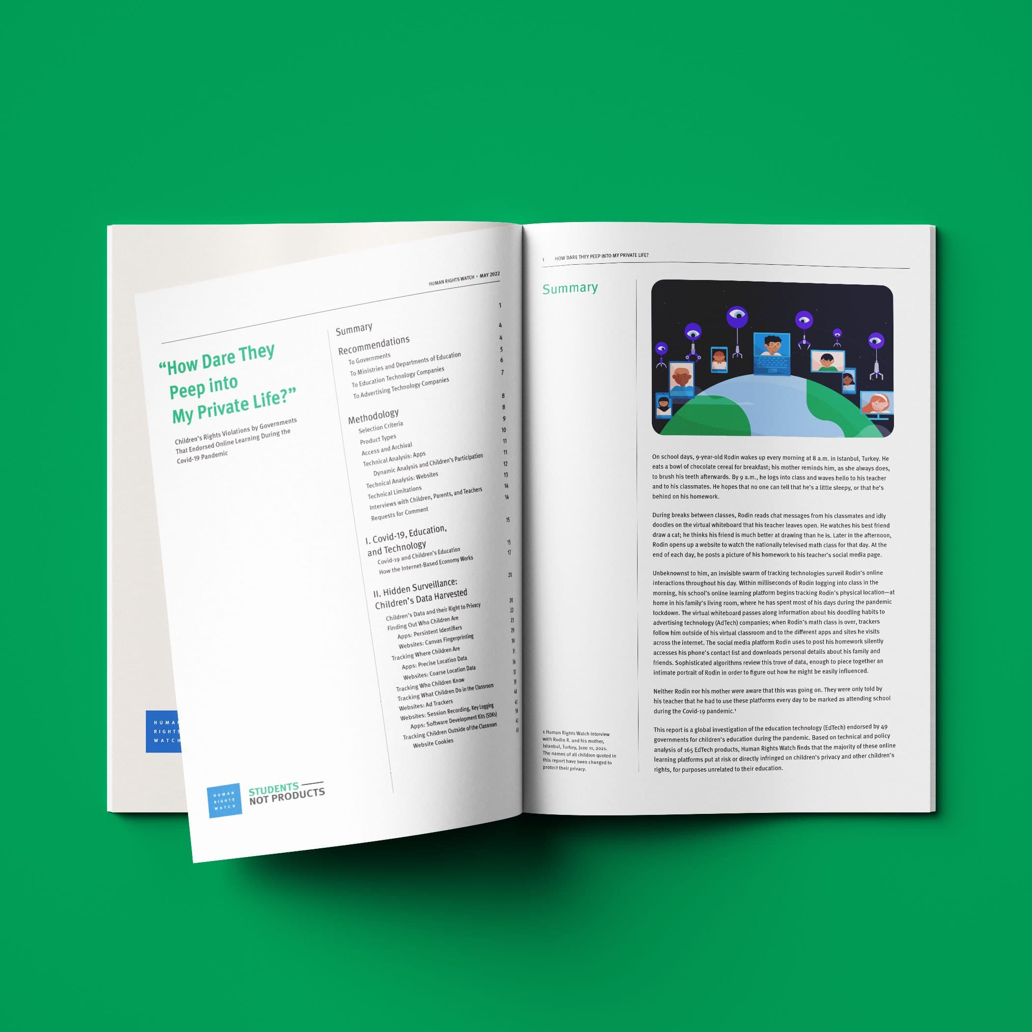 Open magazine displaying an article titled "How Dare They Peep Into My Private Life?" on the left page, while the right page shows a summary and an illustration of people using electronic devices with icons floating above them. The background is green.