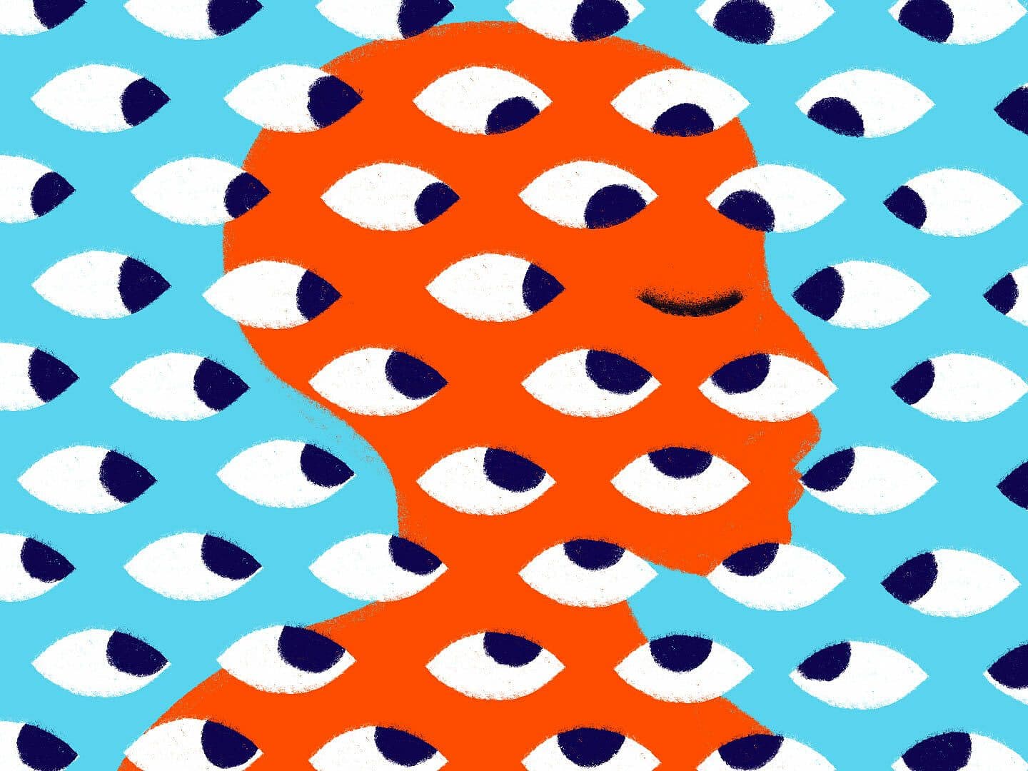 Illustration of a person in orange silhouette, facing right, surrounded by numerous blue and white eyes on a blue background. The eyes cover the entire image, including the silhouette, creating a pattern that blends with the figure.