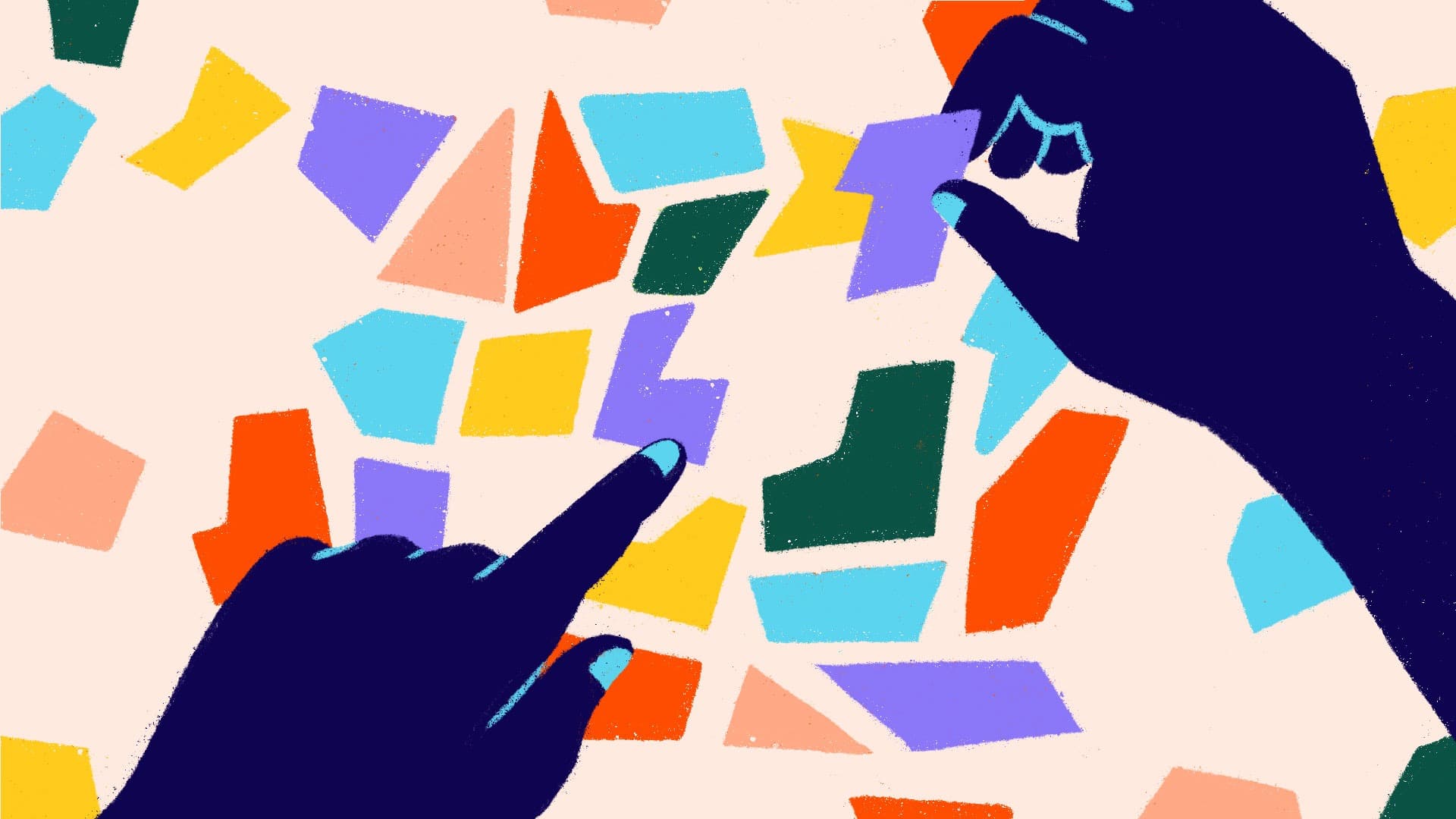 Two dark blue hands arrange and point at colorful geometric shapes scattered on a light background, resembling a puzzle or creative organization activity.