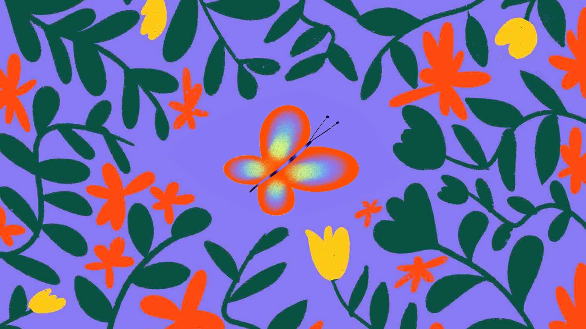 A colorful butterfly with orange, yellow, and blue wings is surrounded by green leaves and red and yellow flowers on a purple background.