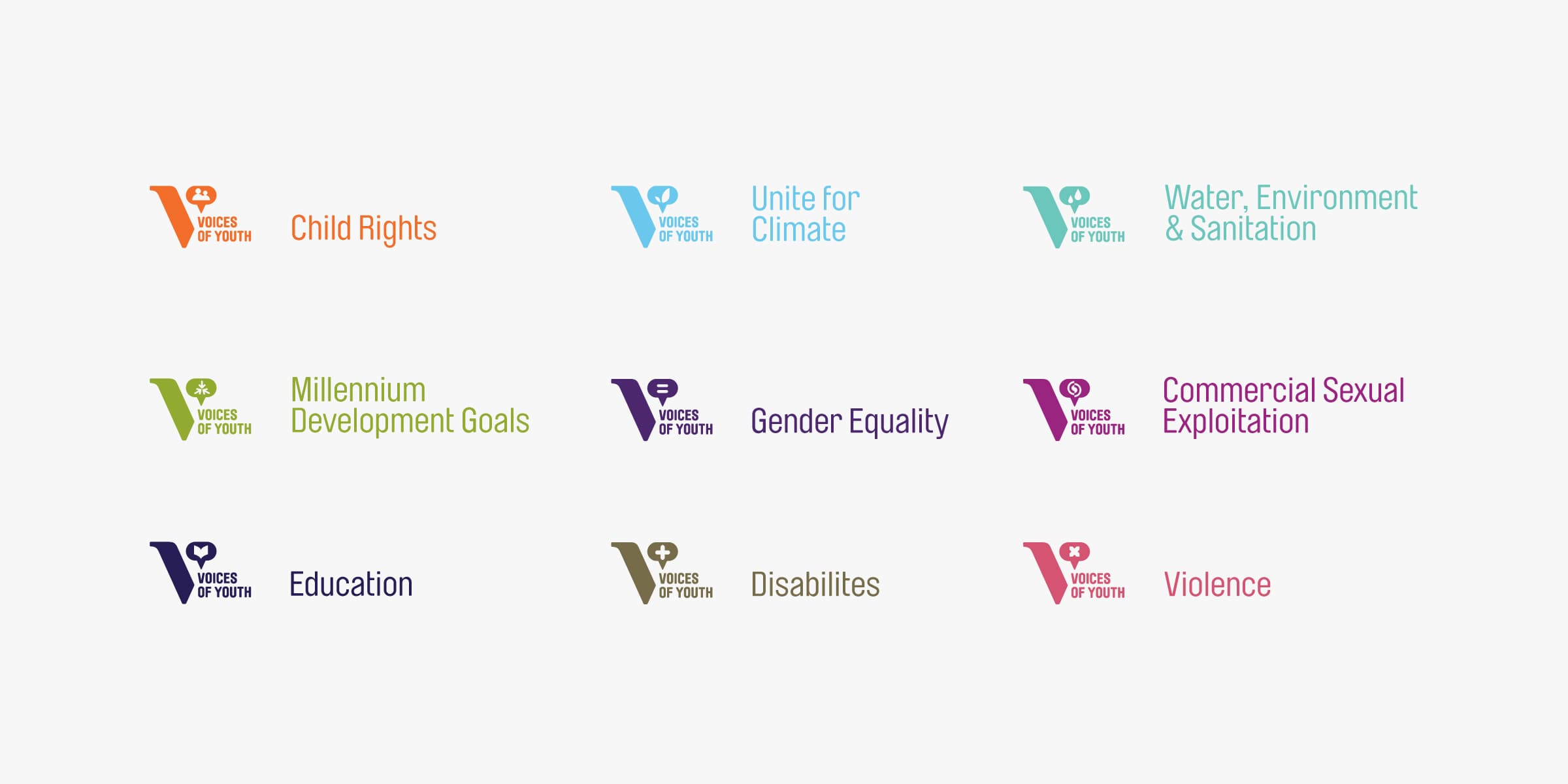 A grid of icons and text representing various initiatives. Each initiative has a unique logo and color. They include Child Rights, Unite for Climate, Water Environment & Sanitation, Millennium Development Goals, Gender Equality, Commercial Sexual Exploitation, Education, Disabilities, and Violence.