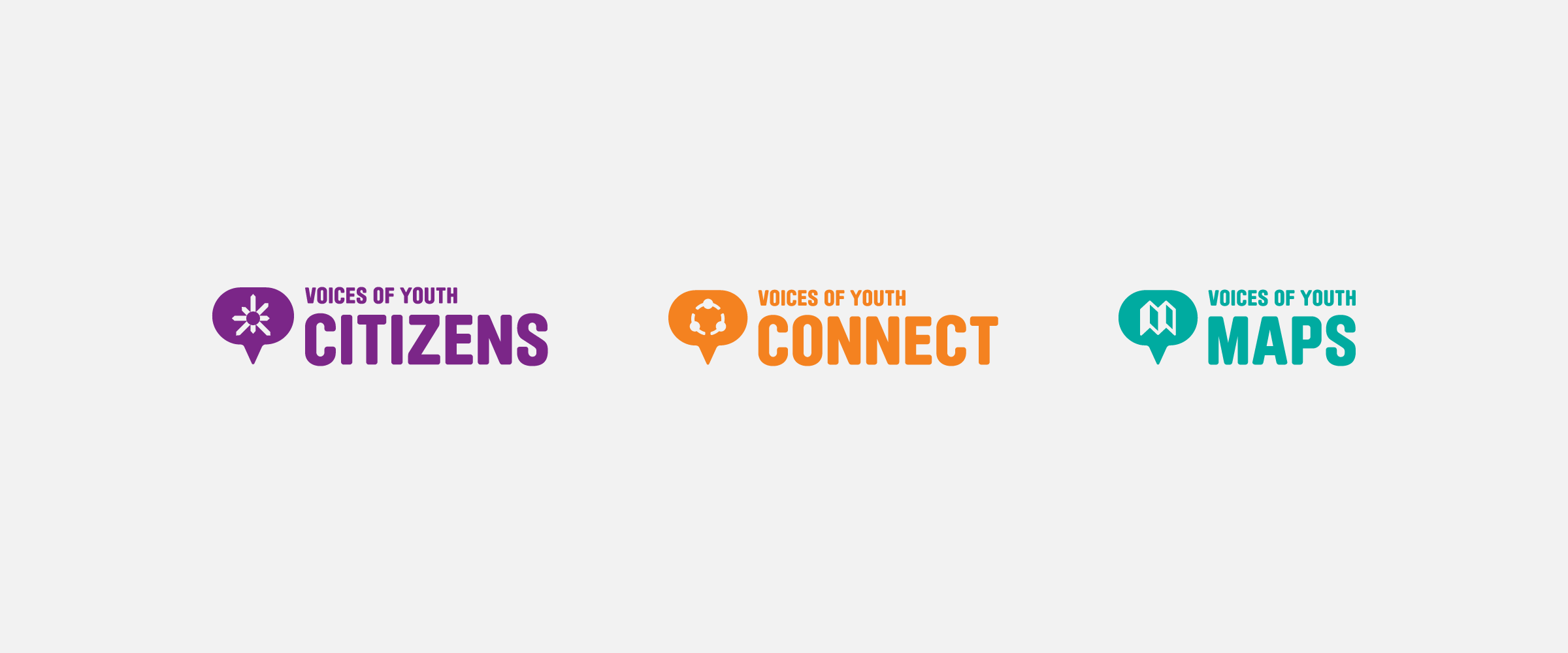 A graphic with three colorful logos for "Voices of Youth". The first logo is purple and labeled "CITIZENS" with a star symbol, the second is orange and labeled "CONNECT" with a recycling symbol, and the third is teal and labeled "MAPS" with a map pin symbol.