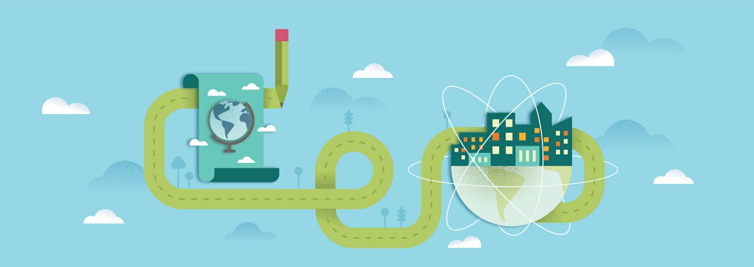Illustration of a workflow from a globe on a scroll with a pencil to a city surrounded by swirling lines and a semi-transparent globe. The path symbolizes progression from education to global connectivity and urban development, set against a light blue background with clouds.