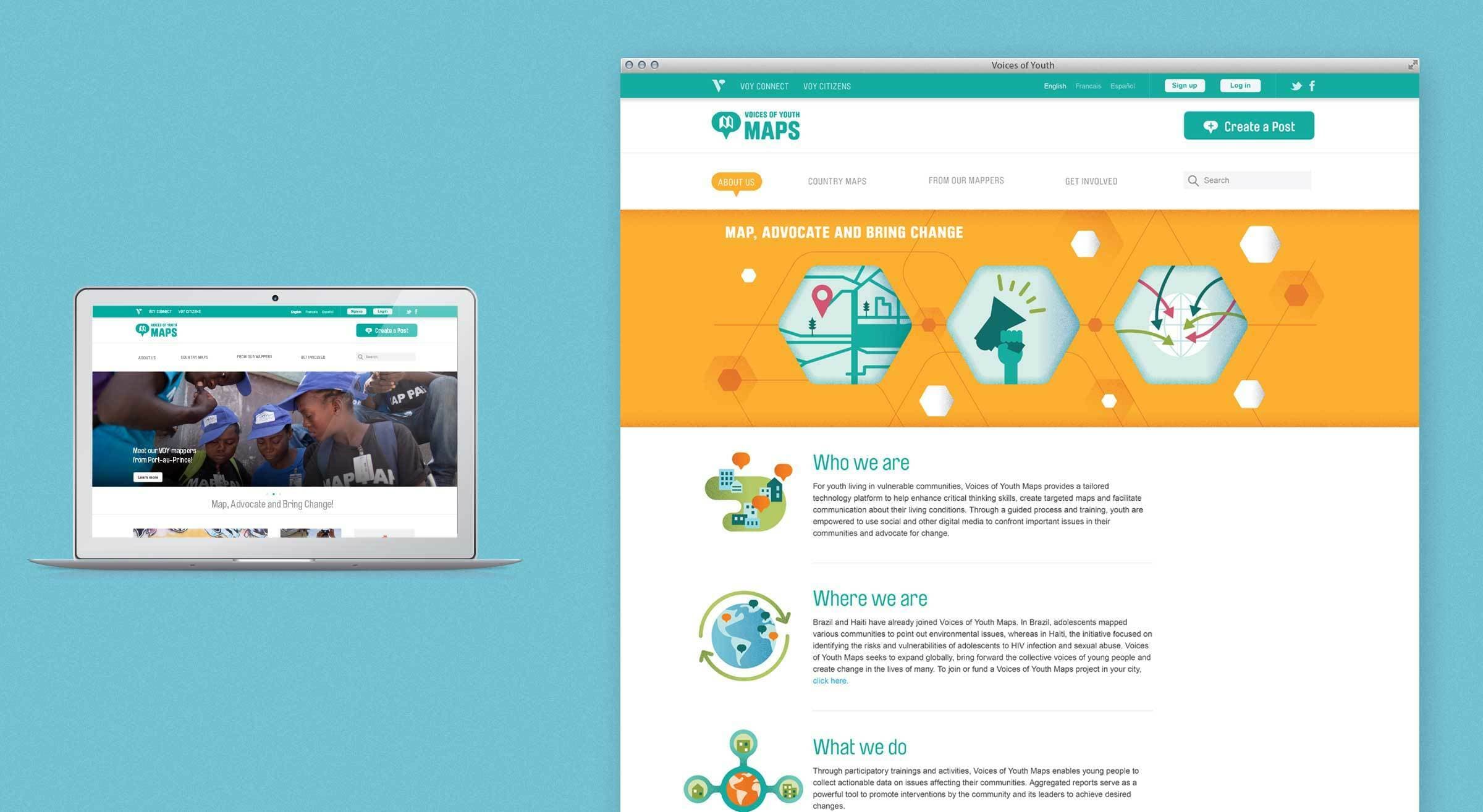 The image shows a promotional graphic, featuring a laptop on the left displaying a webpage with people and branding for "Maps" and a desktop screen on the right showcasing a website section with the headings "Who we are," "Where we are," and "What we do" with icons and text.