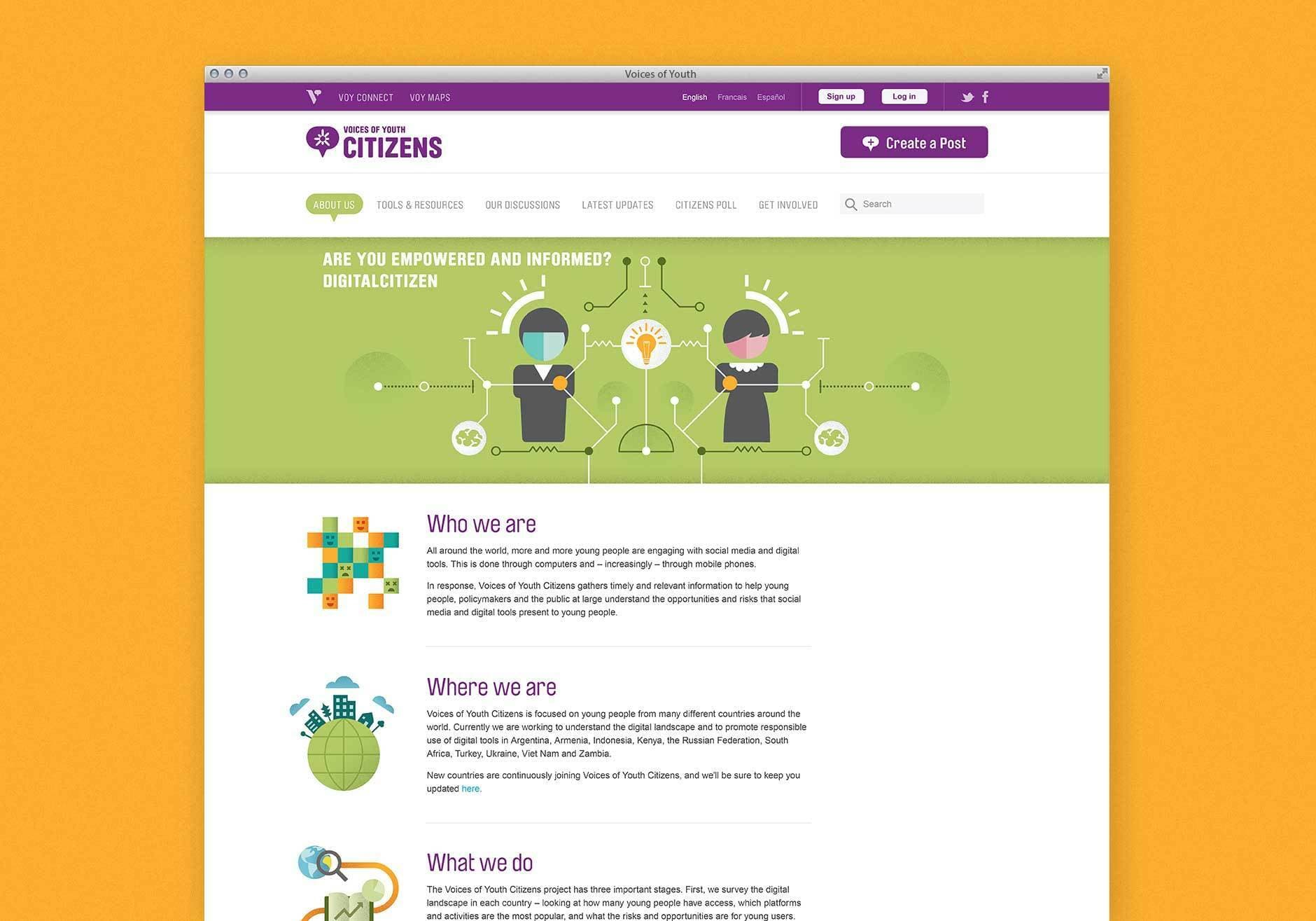 Screenshot of a website homepage for "Project by Citizens". The site has a purple and white theme. There are icons and images representing connectivity and community. Sections are titled "Who we are", "Where we are", and "What we do". Top navigation includes "Sign in" and "Register".