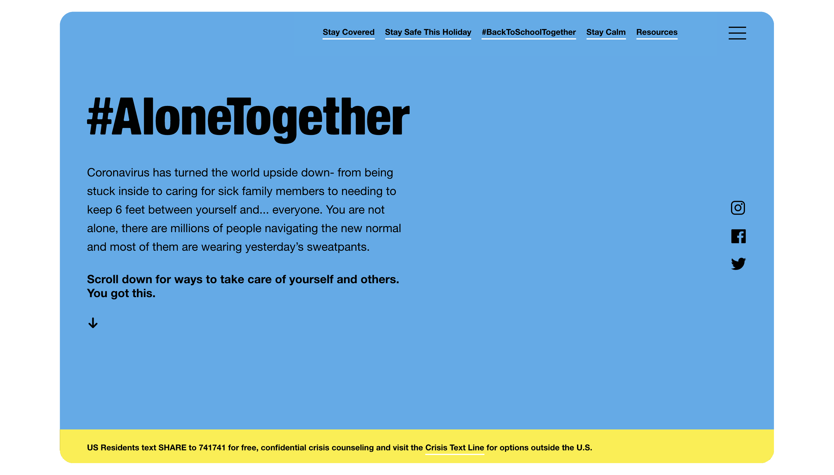 A webpage with a blue background titled "#AloneTogether" discussing the effects of coronavirus and encouraging self-care. It provides a message of reassurance and resources for support. A yellow banner at the bottom offers a text line for confidential crisis counseling.