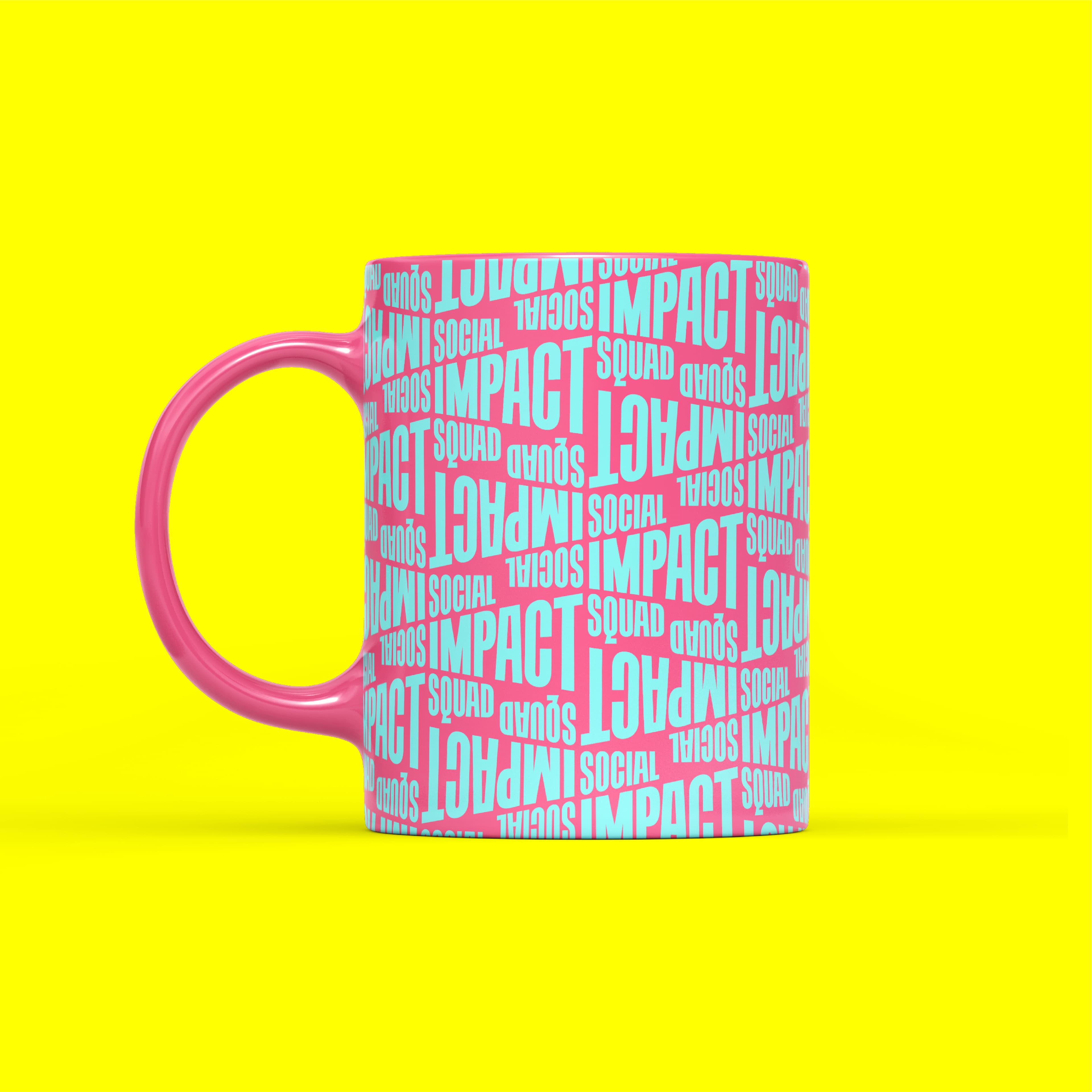 A pink mug with a bright yellow background. The mug is covered in repeated blue text that reads "SOCIAL IMPACT SQUAD" in varying orientations.