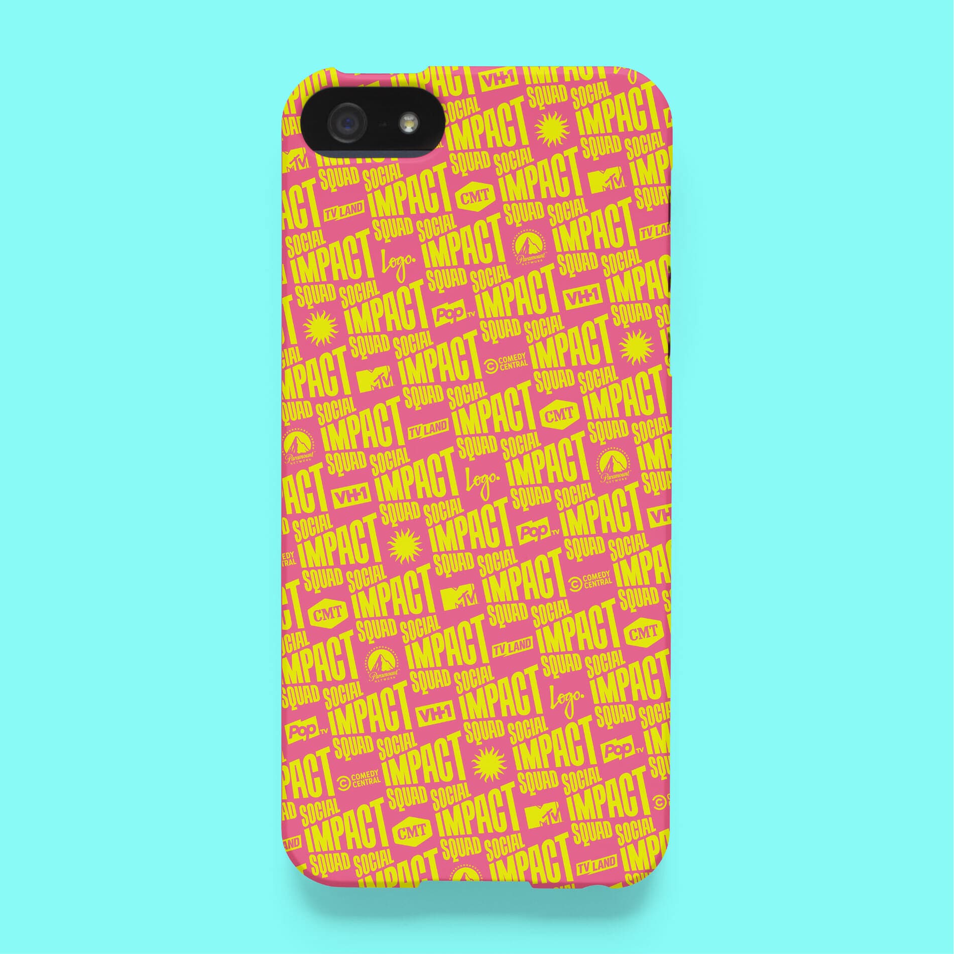 A smartphone with a bright textured case featuring an abstract pattern made of various words and symbols in a combination of pink and yellow text on a blue background. Some visible words include "IMPACT" and "SUPER.